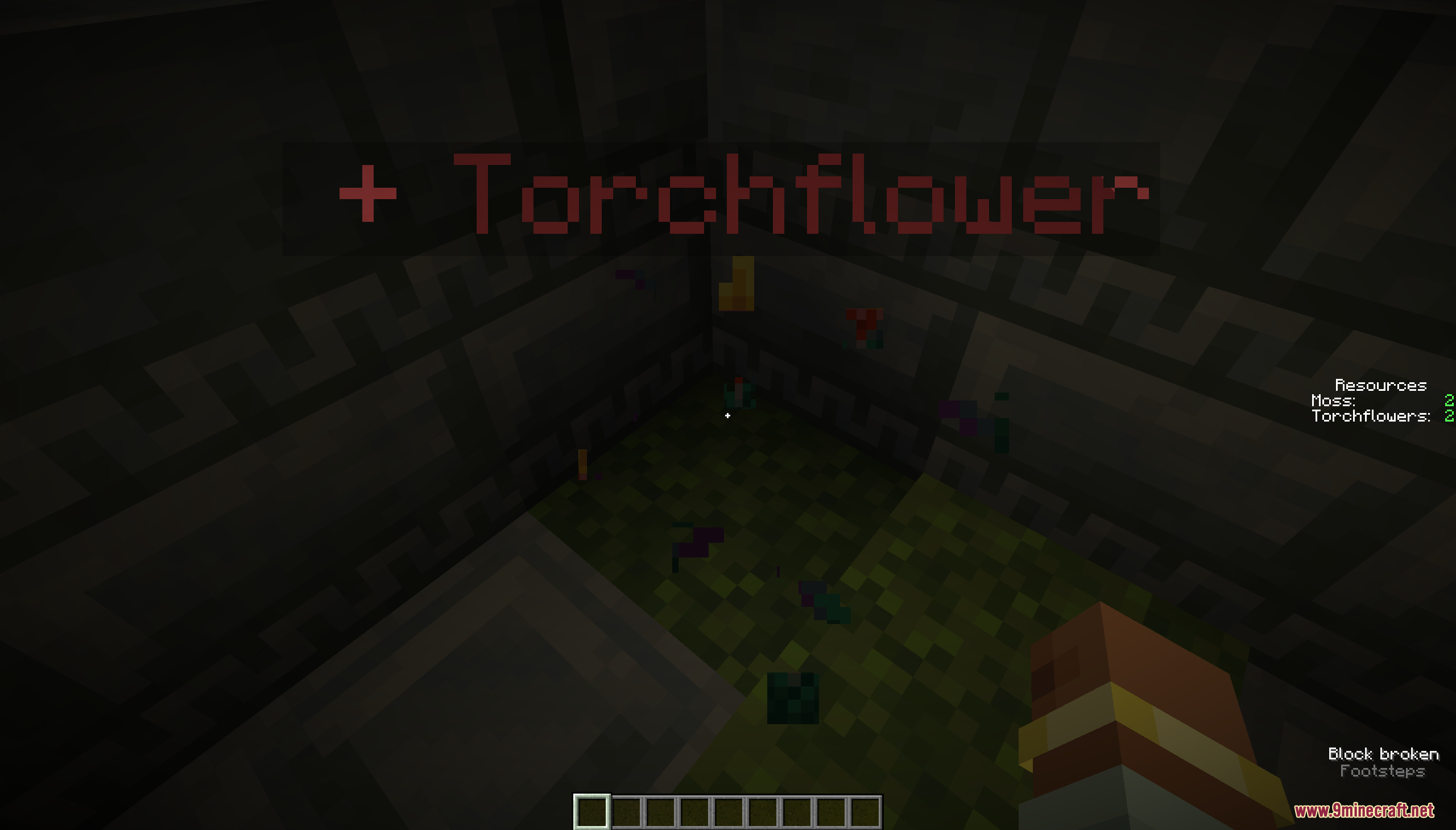 Mossholder Map Screenshot 3 Player collecting a Torchflower in a dark room with mossy stone walls