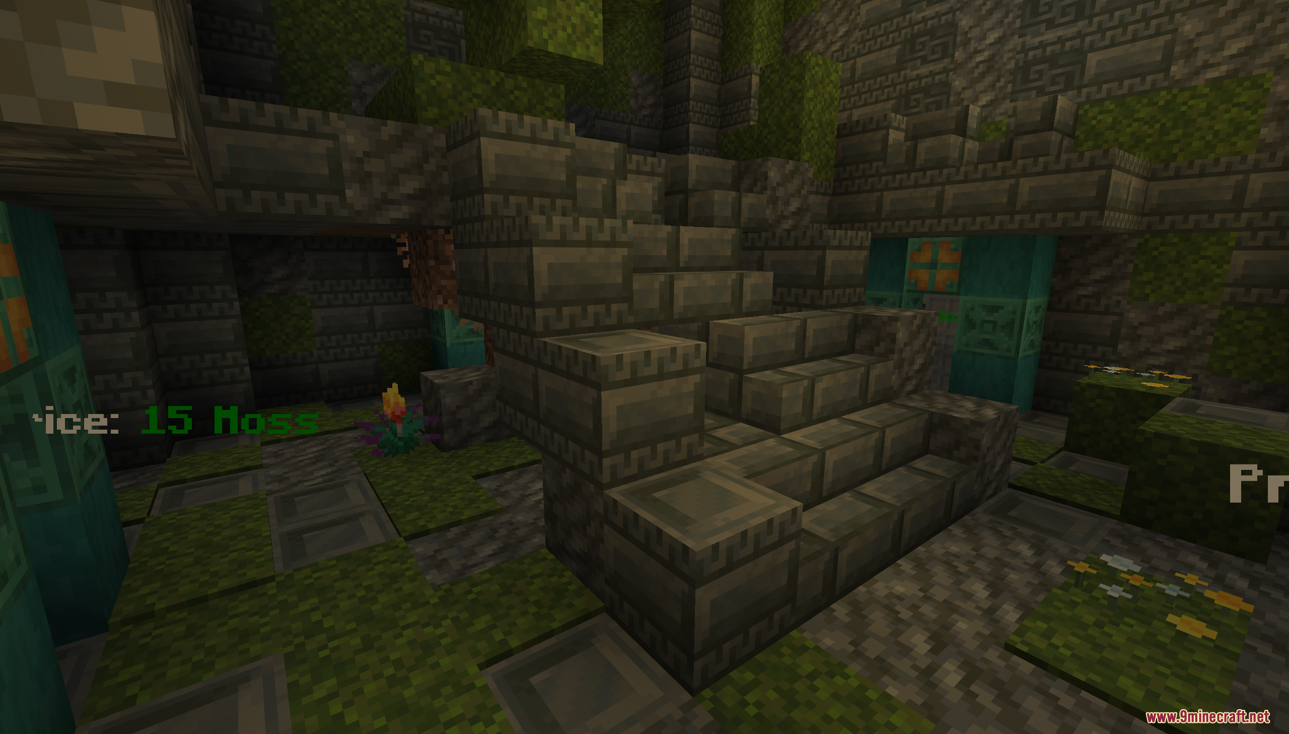 Mossholder Map Screenshot 6 Stone stairs in a mossy room with floating text showing item prices