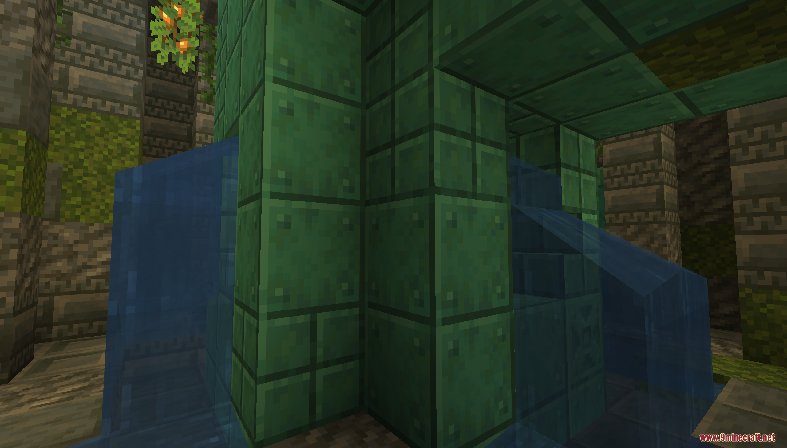 Mossholder Map Screenshot 9 Oxidized copper blocks and flowing water inside an ancient mossy stone brick structure