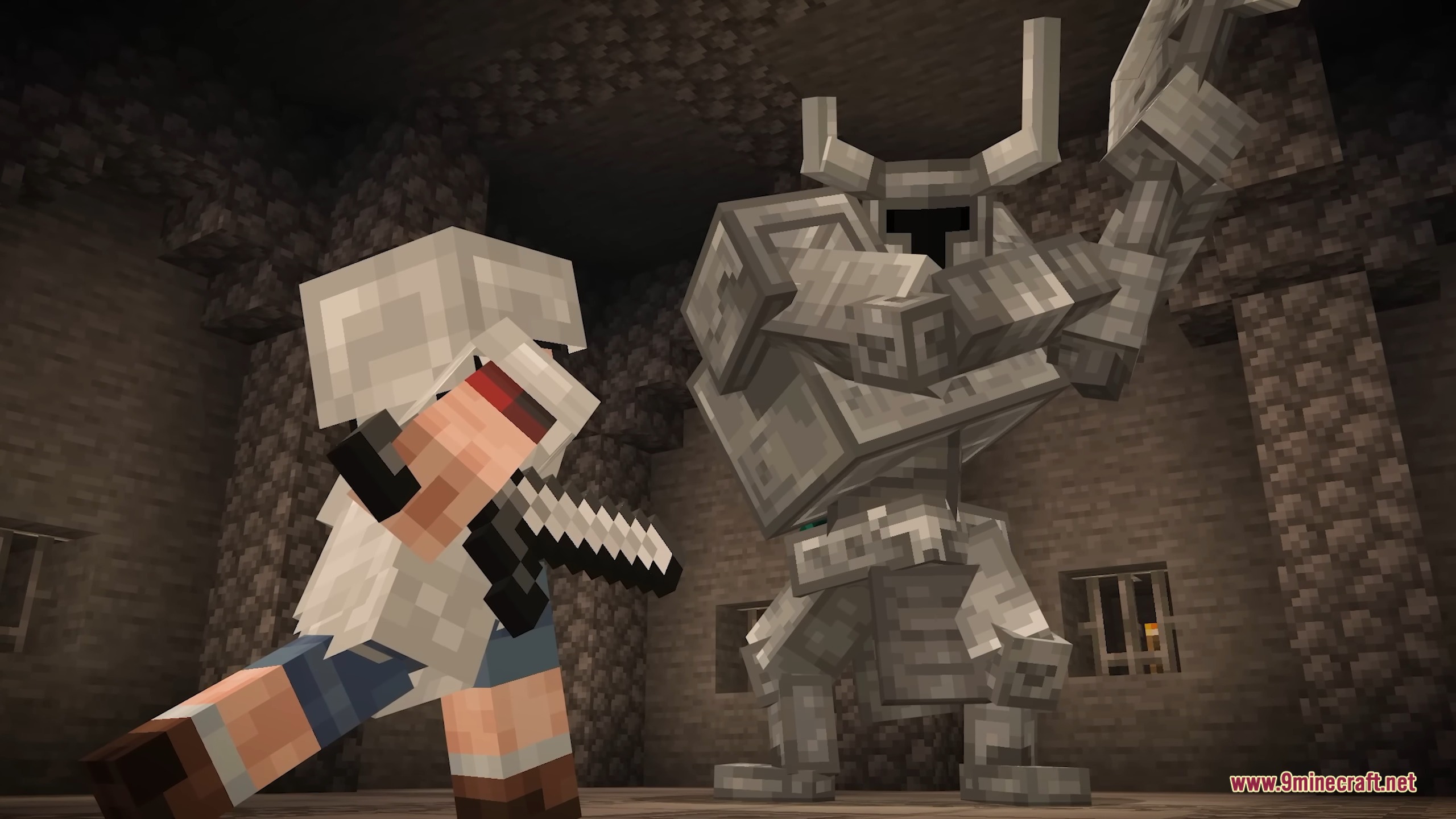 A player in white armor battles a giant iron knight in a dark dungeon