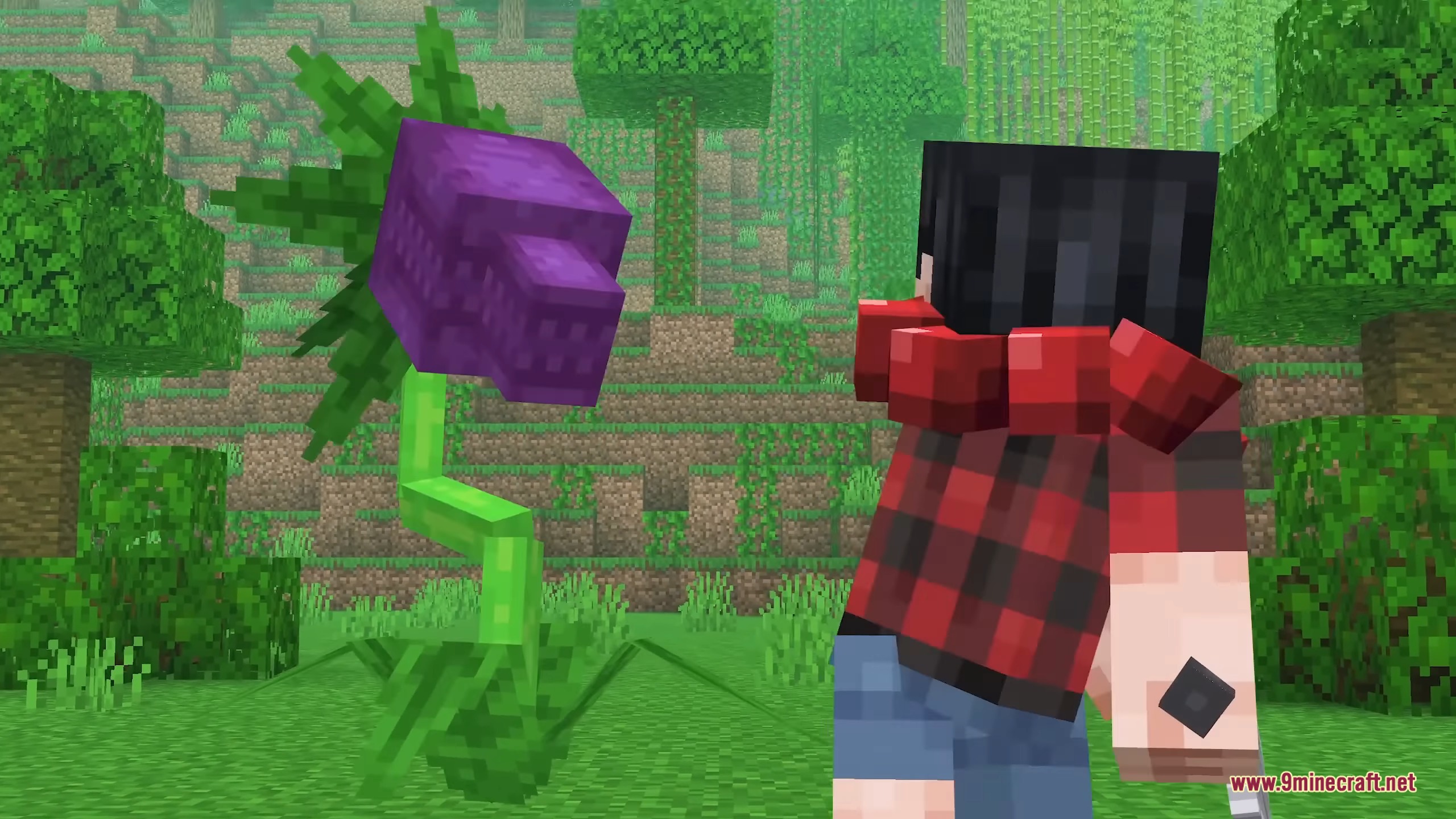 A player encounters a purple carnivorous plant in a dense jungle
