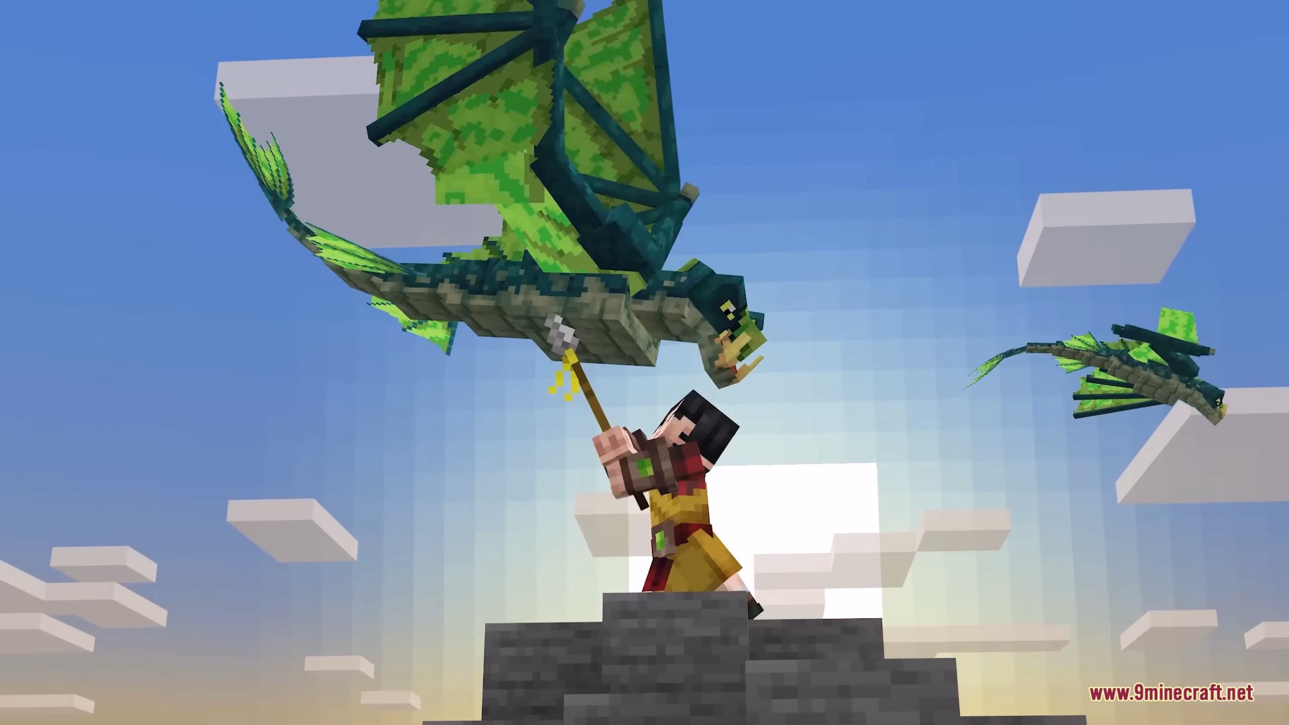A player character aims a golden spear at a large green flying Naga
