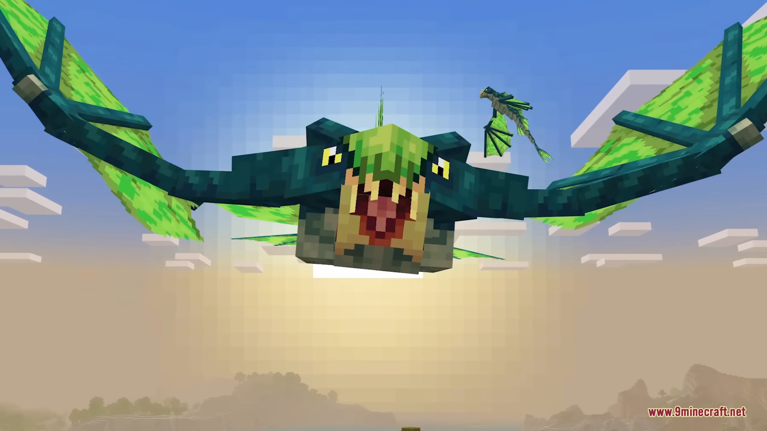 A green flying Naga mob with sharp teeth glides through the sunset sky