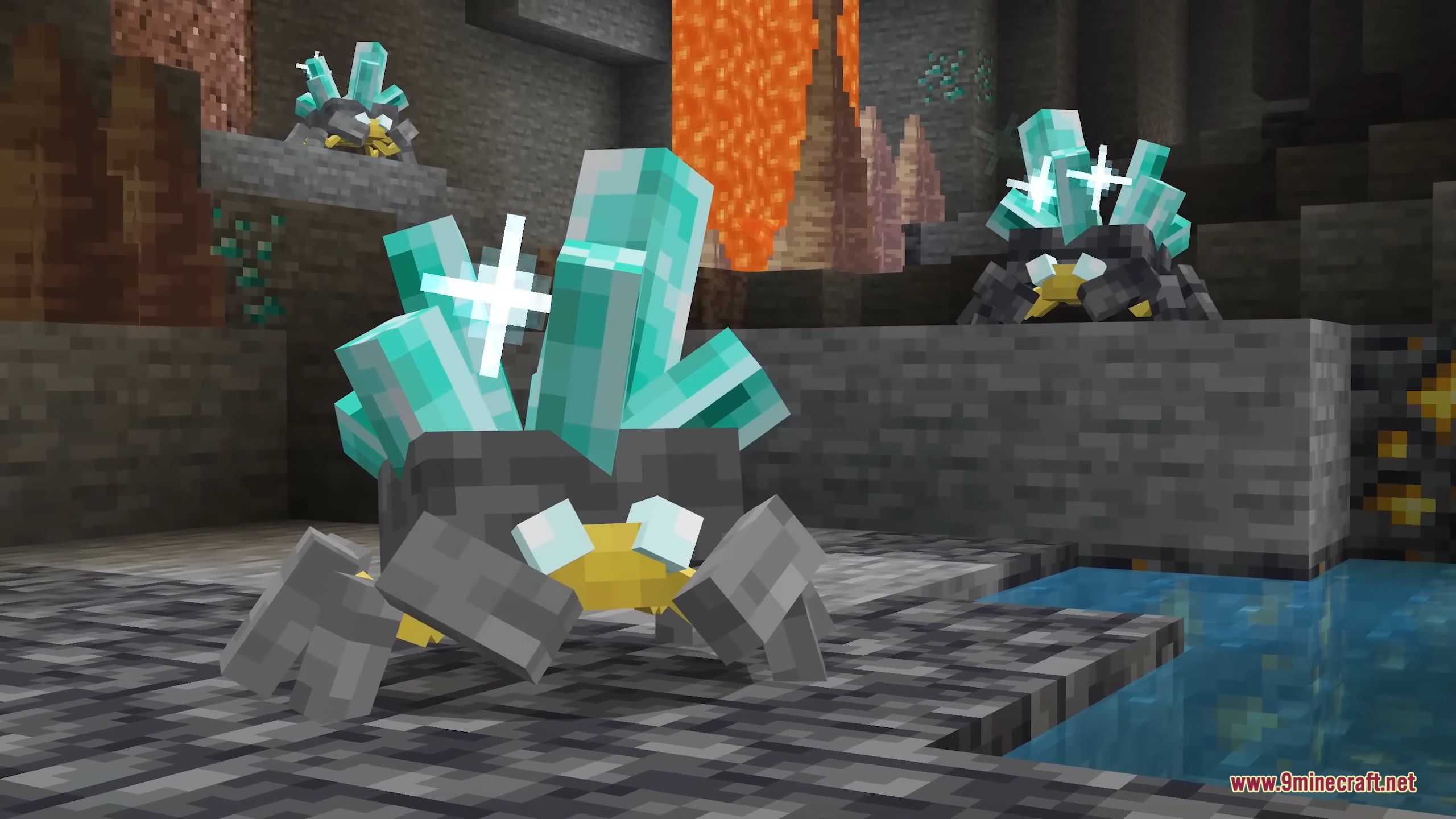 Three Grottol mobs with diamond crystals on their backs in a cave
