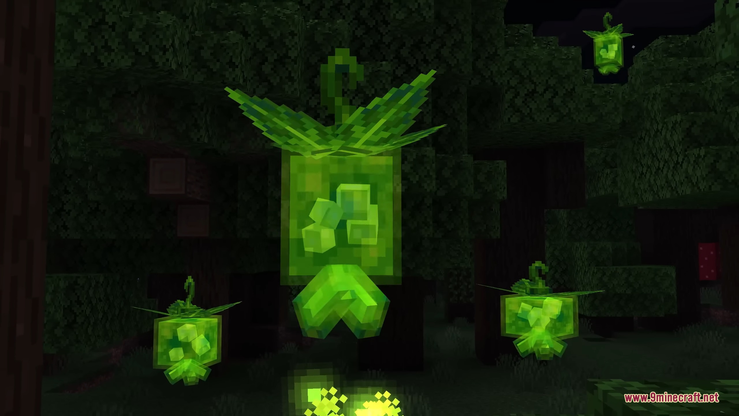 Glowing green lantern creatures floating among the trees in a dark forest