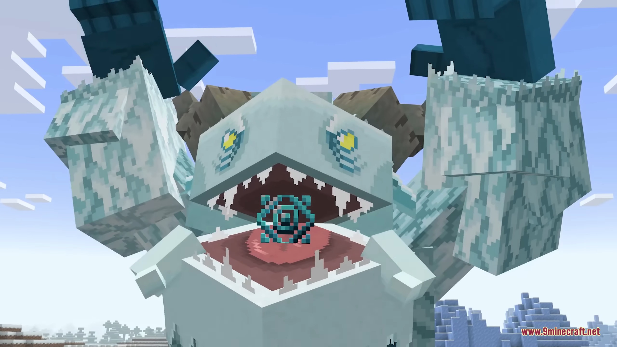A massive Frostmaw boss roaring with a glowing blue crystal inside its mouth