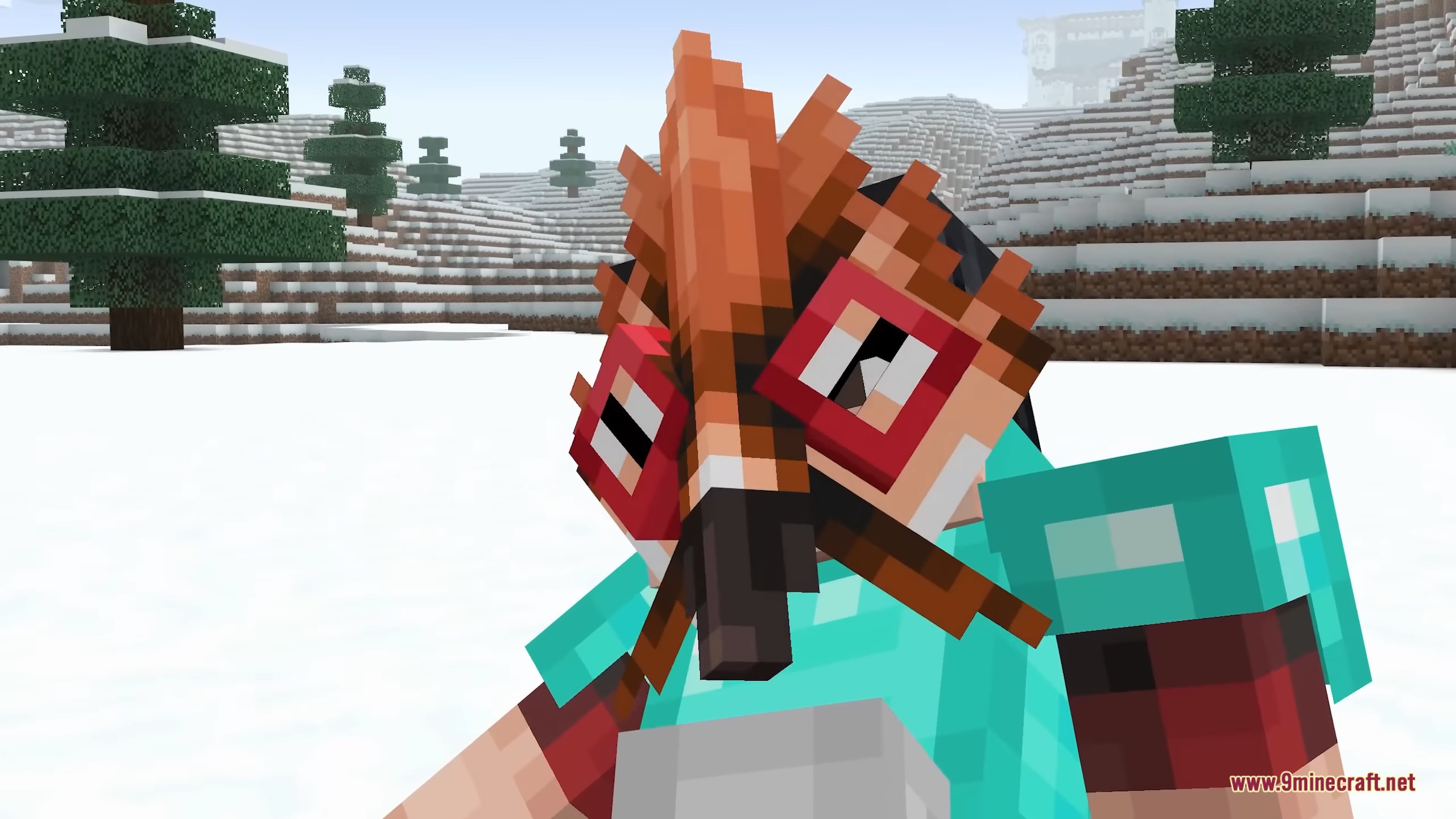 A Minecraft player wearing a Barakoa mask and diamond armor in the snow