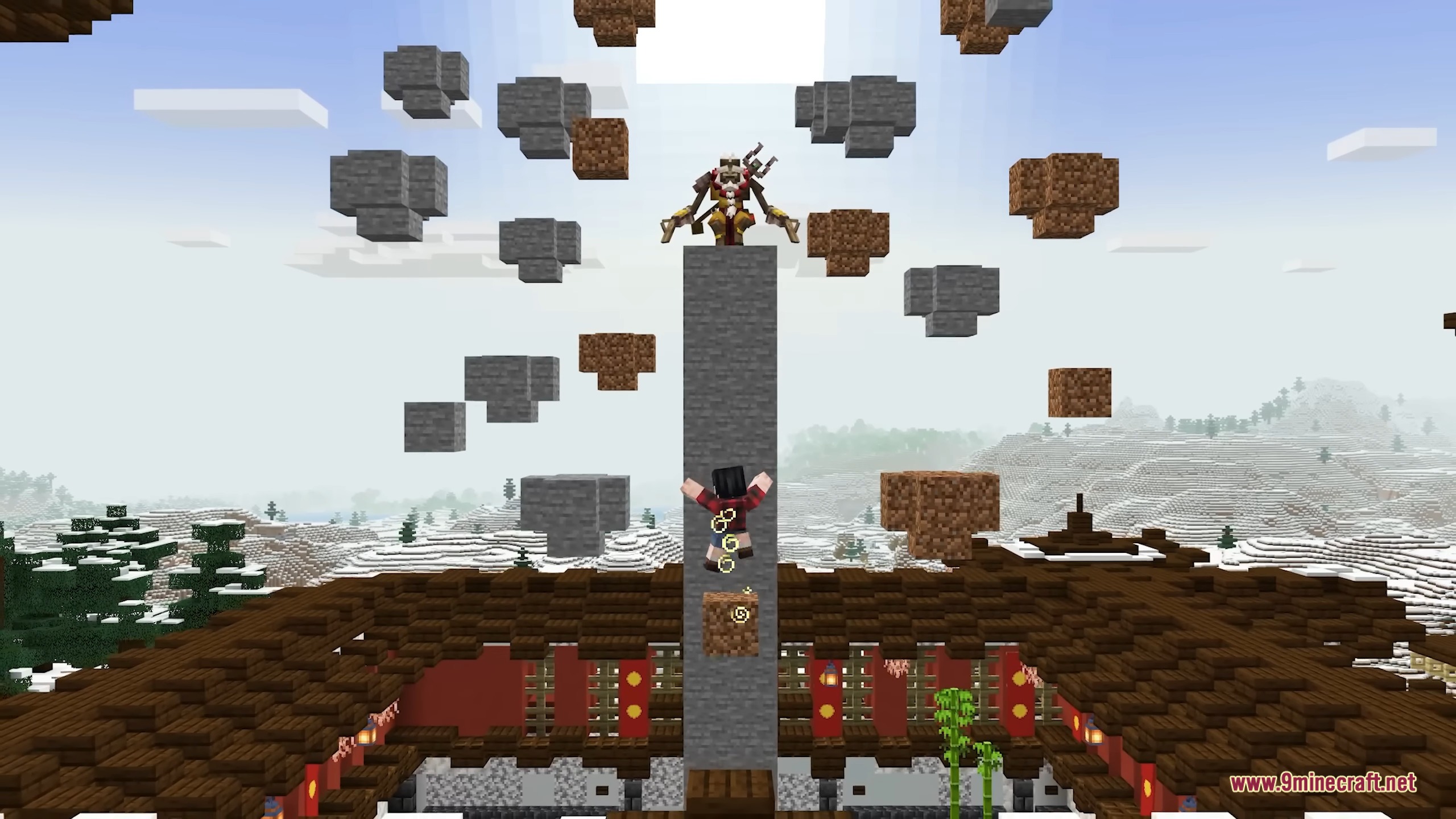 A player character climbs a tall stone pillar to reach a powerful boss