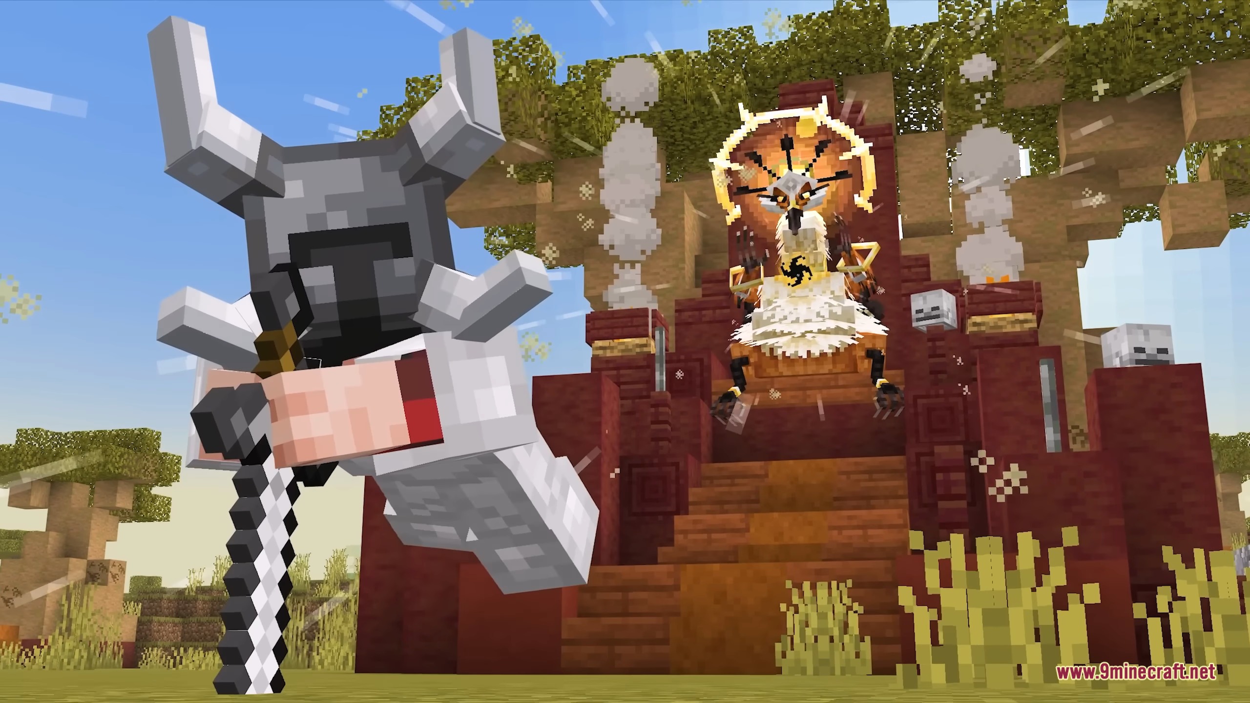 A warrior faces a powerful sun chief sitting on a throne in the savanna