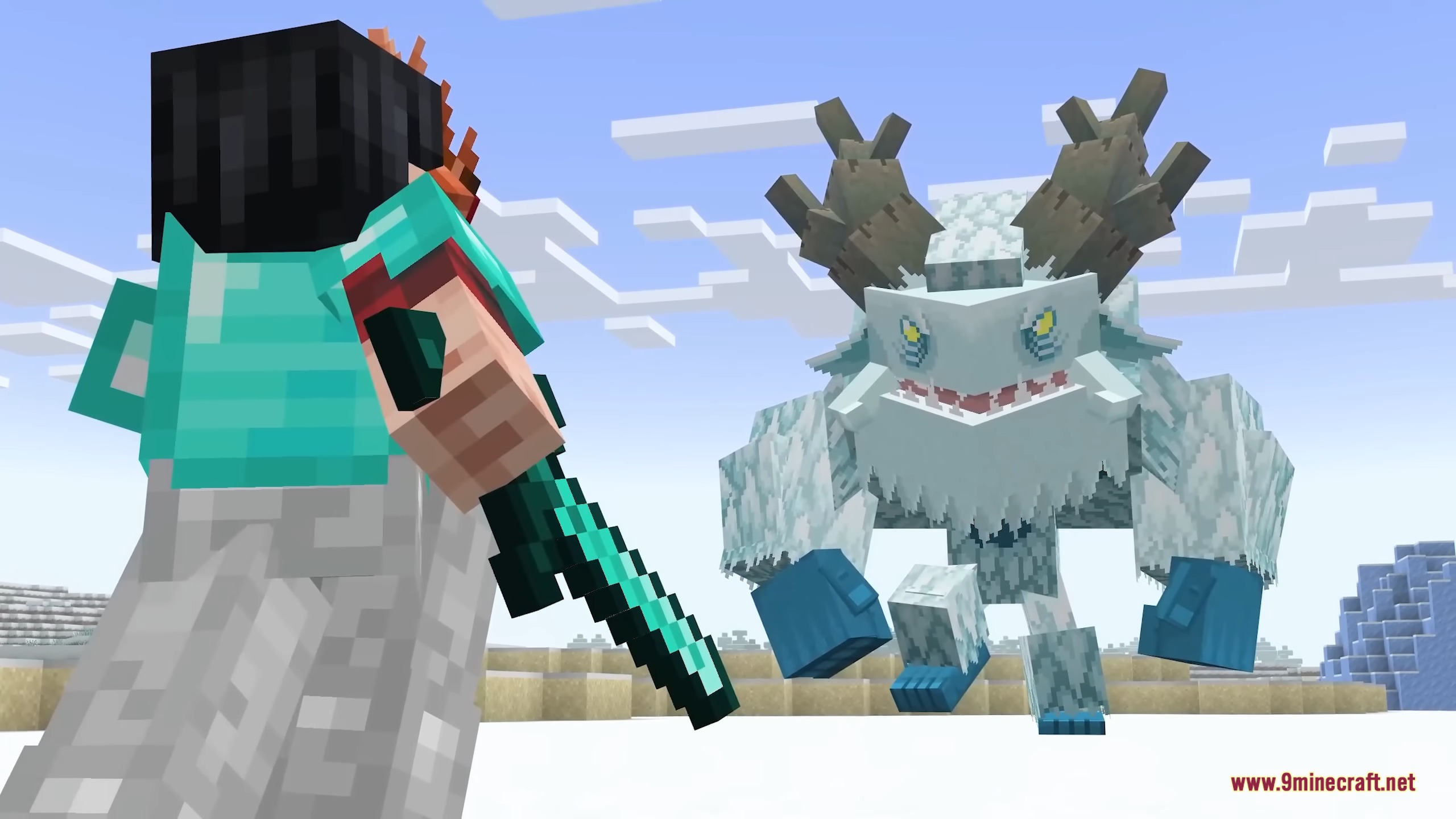 A player in diamond armor fighting a giant Frostmaw in a snowy biome