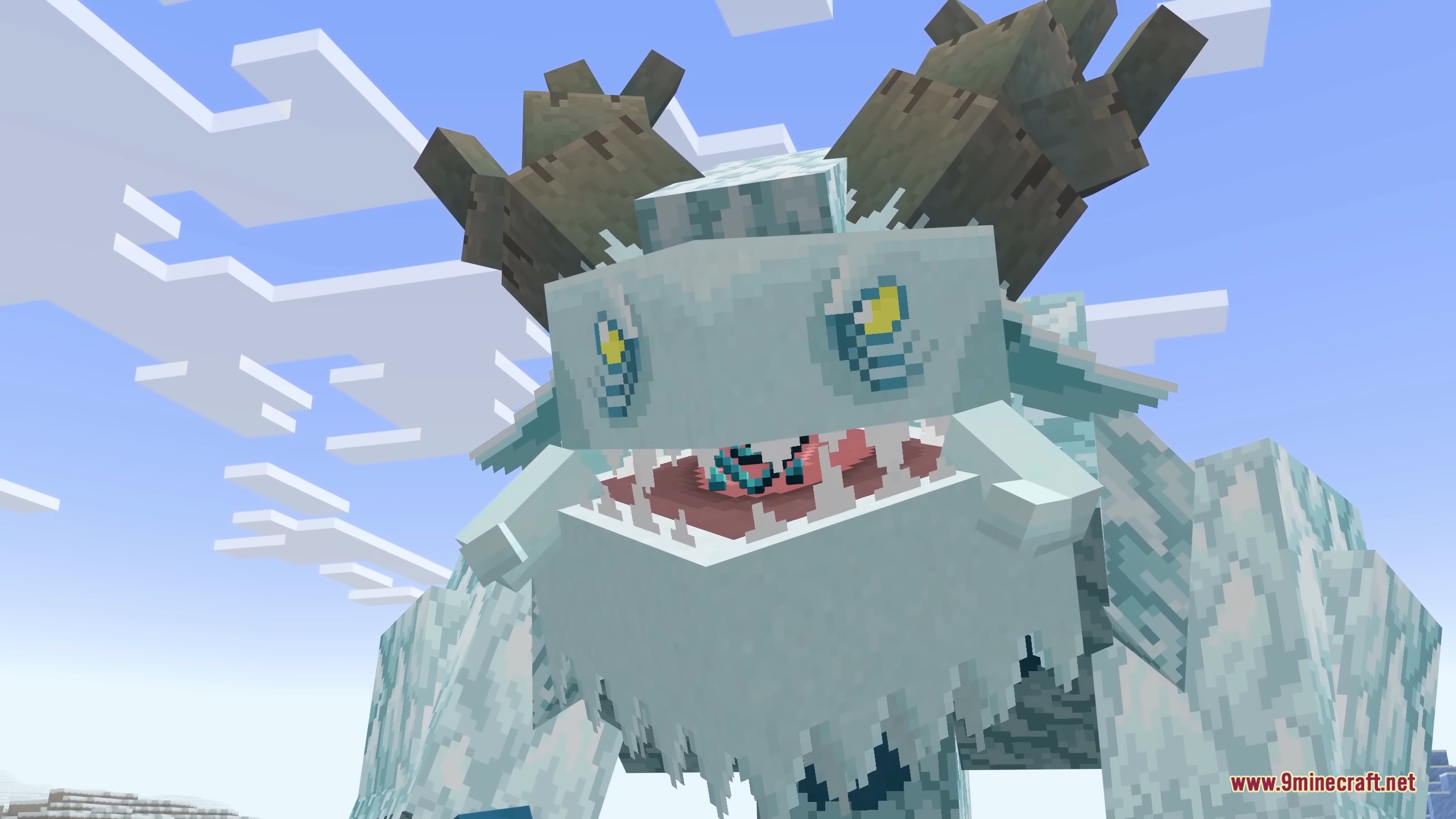 A giant Frostmaw creature with sharp teeth and wooden horns in Minecraft