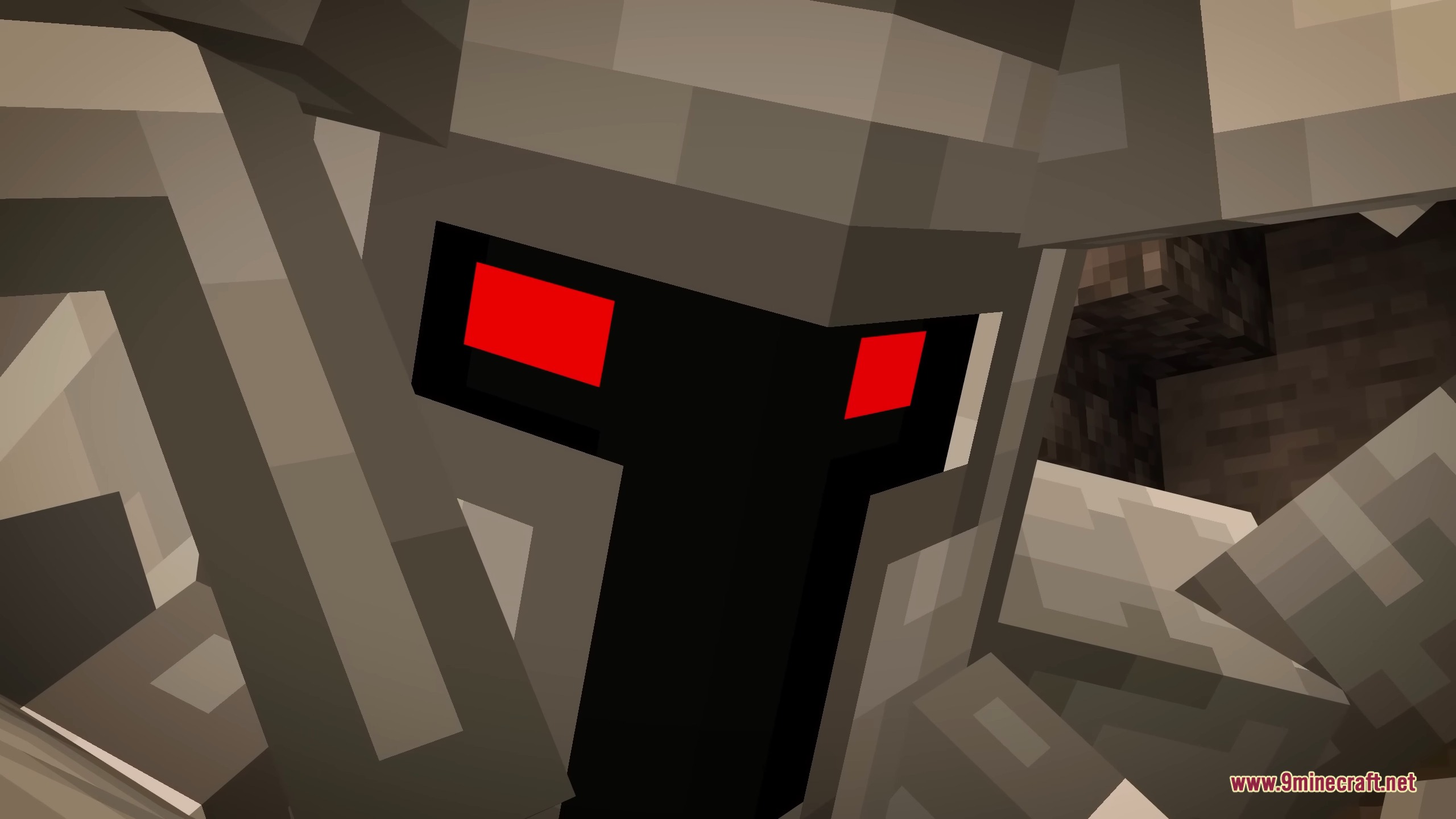 Close up view of a Ferrous Wroughtnaut with glowing red eyes
