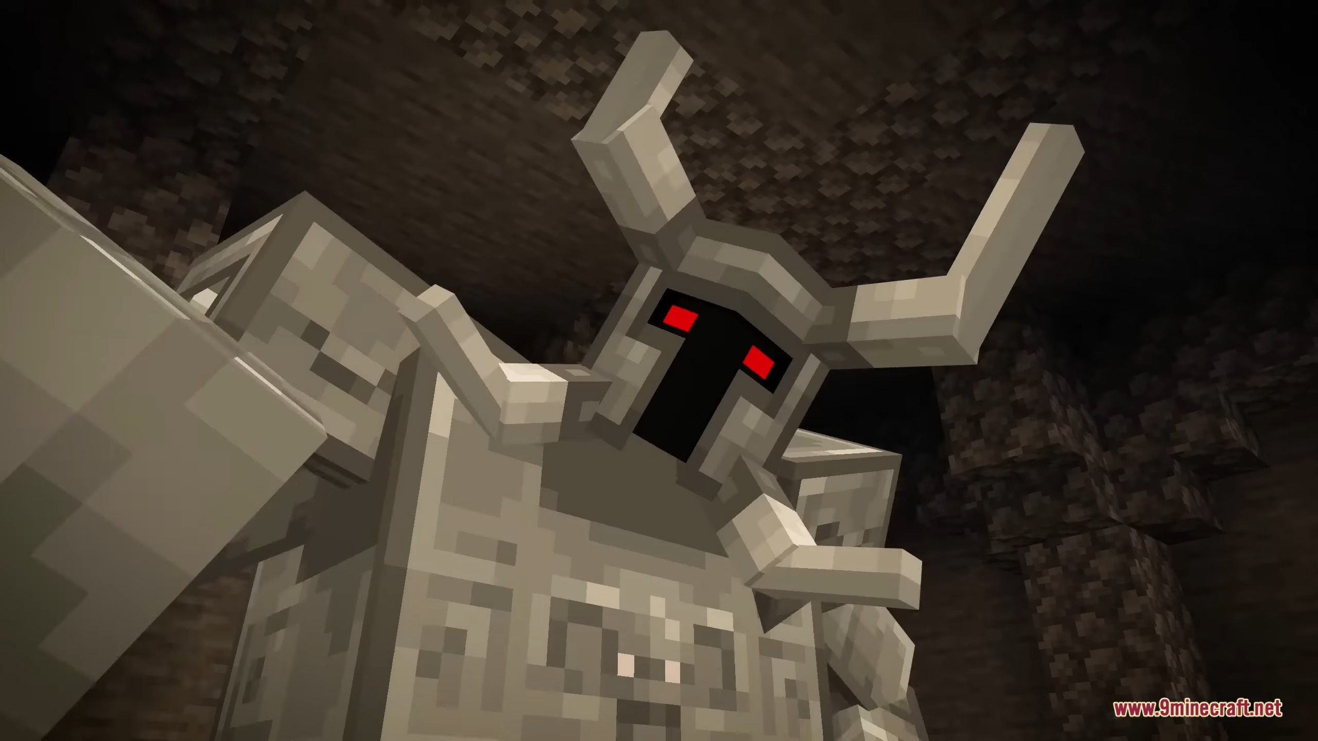 A massive armored knight with horns and glowing red eyes inside a cave
