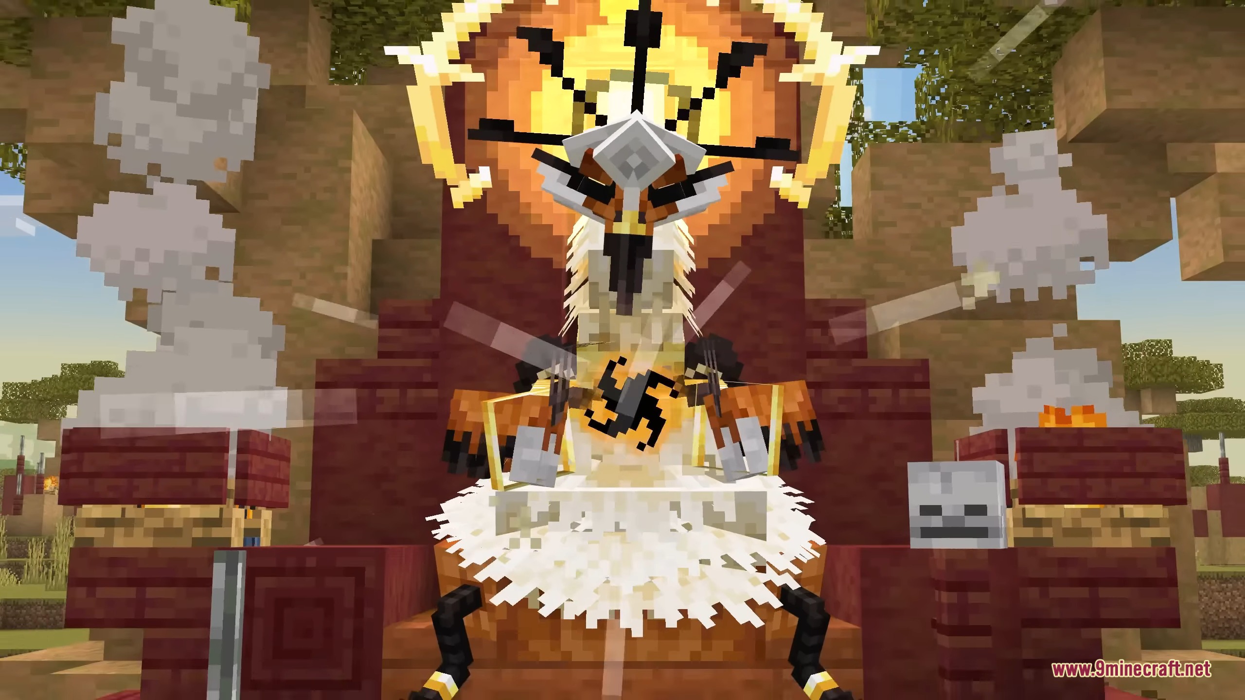 A powerful sun boss sitting on a throne surrounded by fire and smoke