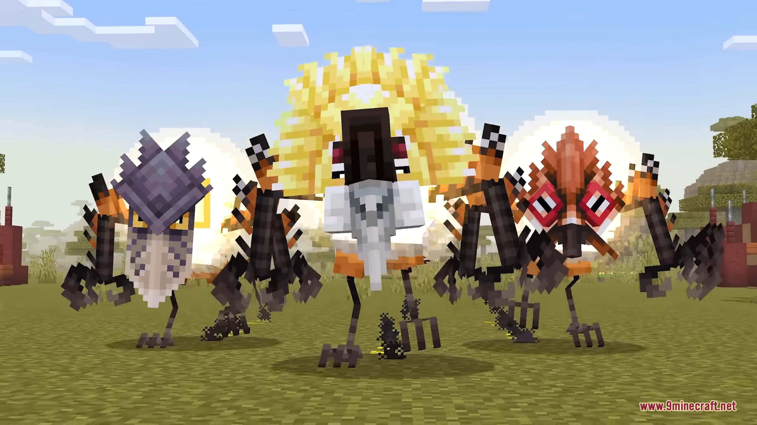 Masked Barakoa creatures and their leader standing in a grassy field