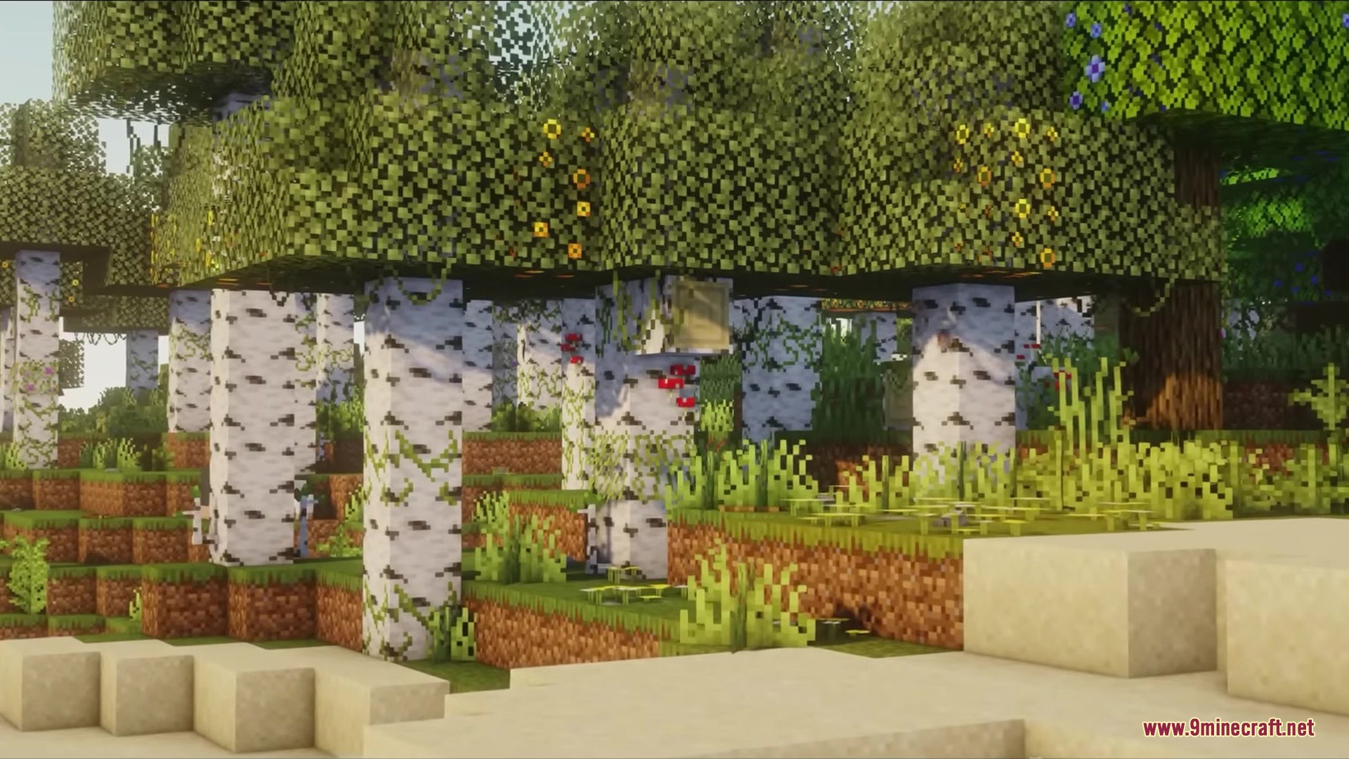 Musgo Resource Pack Screenshot 1 Lush birch forest with custom tree models from the Musgo Resource Pack