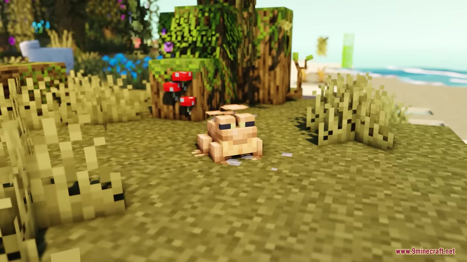 Musgo Resource Pack Screenshot 10 A frog sitting on the ground near tall grass and small red mushrooms