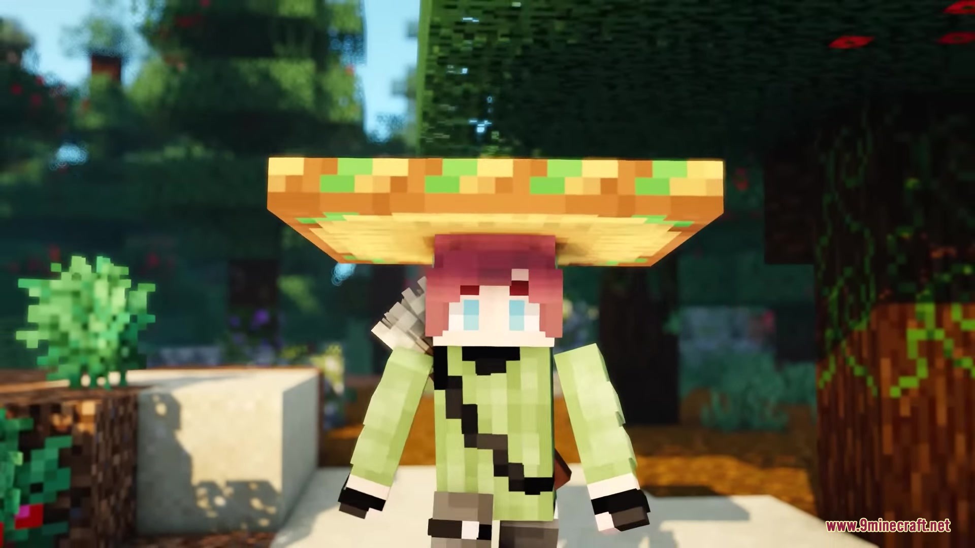 Musgo Resource Pack Screenshot 11 A Minecraft character wearing a wide brimmed hat stands in a lush forest