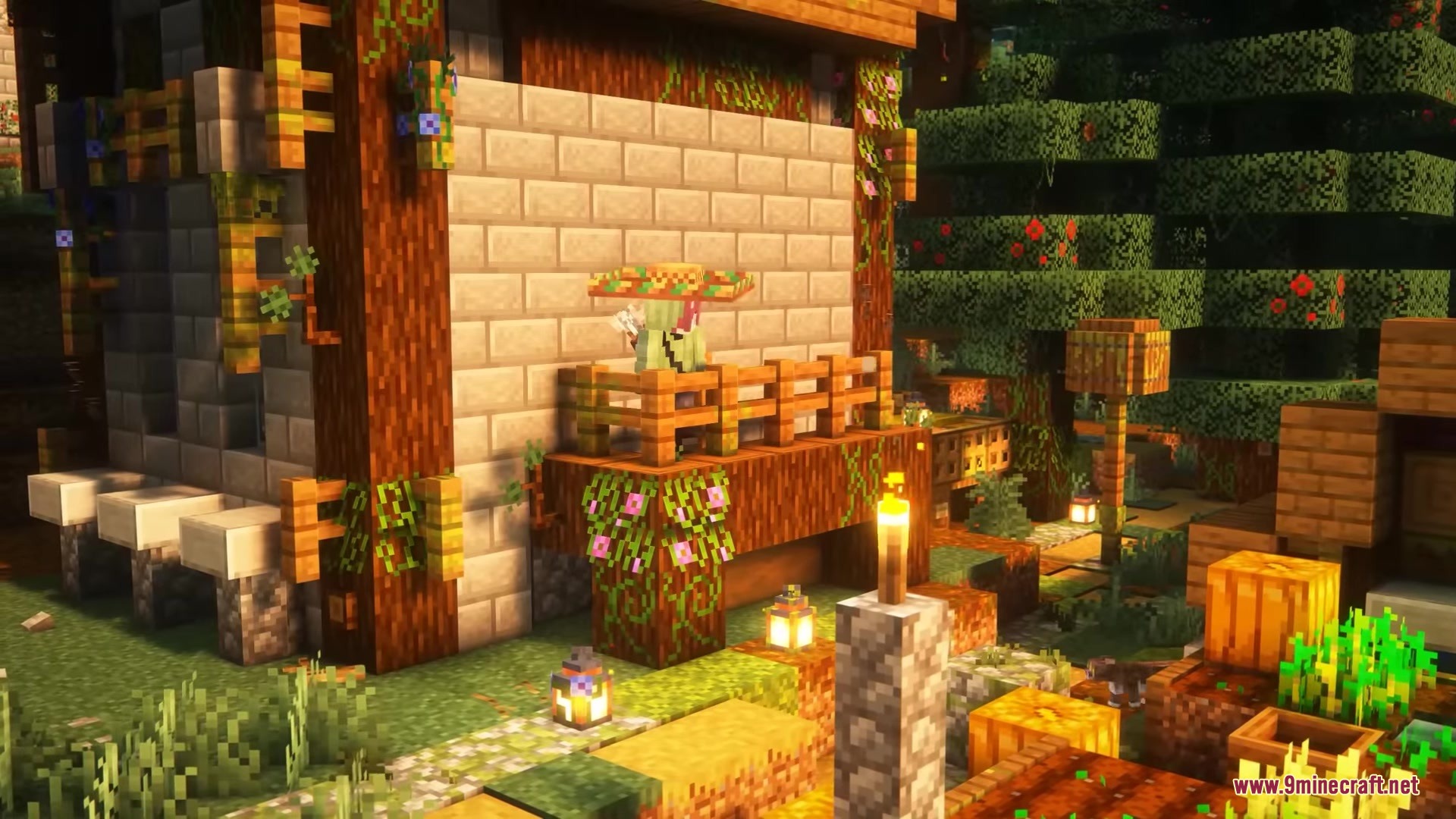 Musgo Resource Pack Screenshot 12 A character on a balcony overlooking a garden with detailed trees and plants