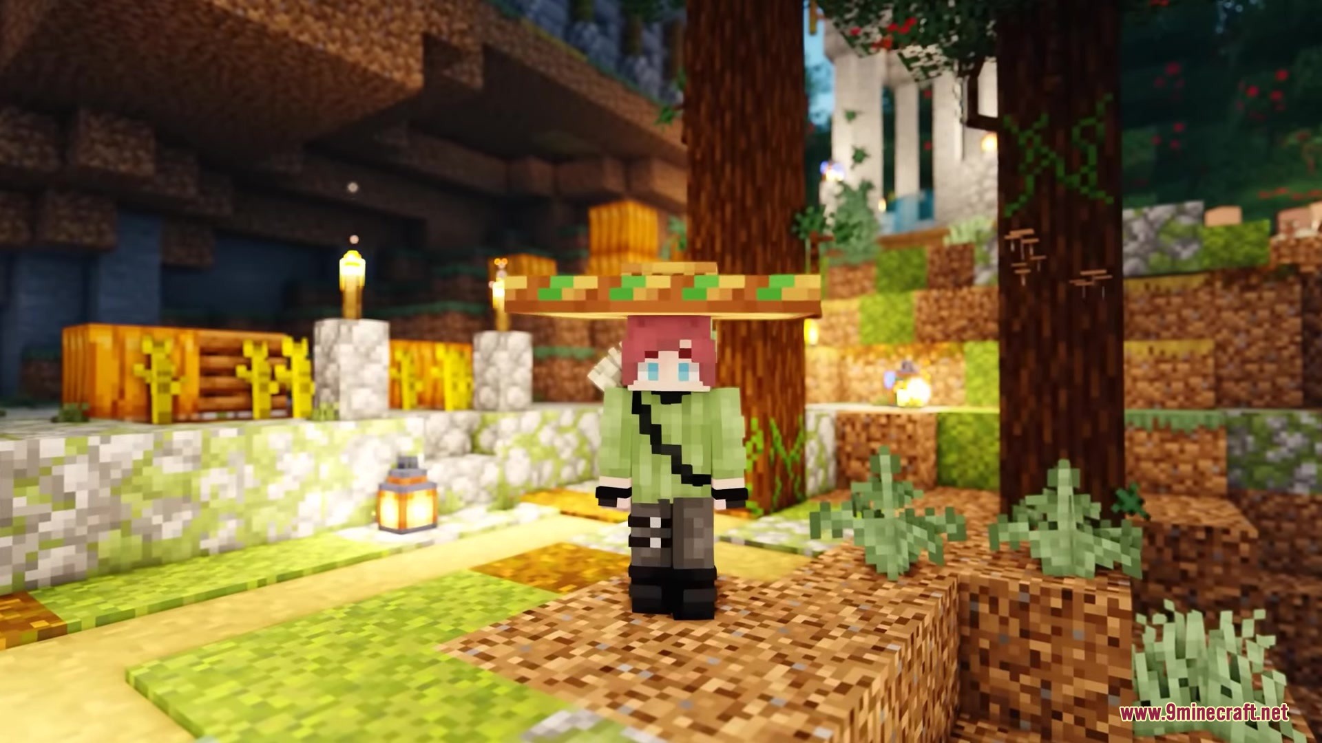 Musgo Resource Pack Screenshot 14 Minecraft player character wearing a green outfit and a wide leafy straw hat