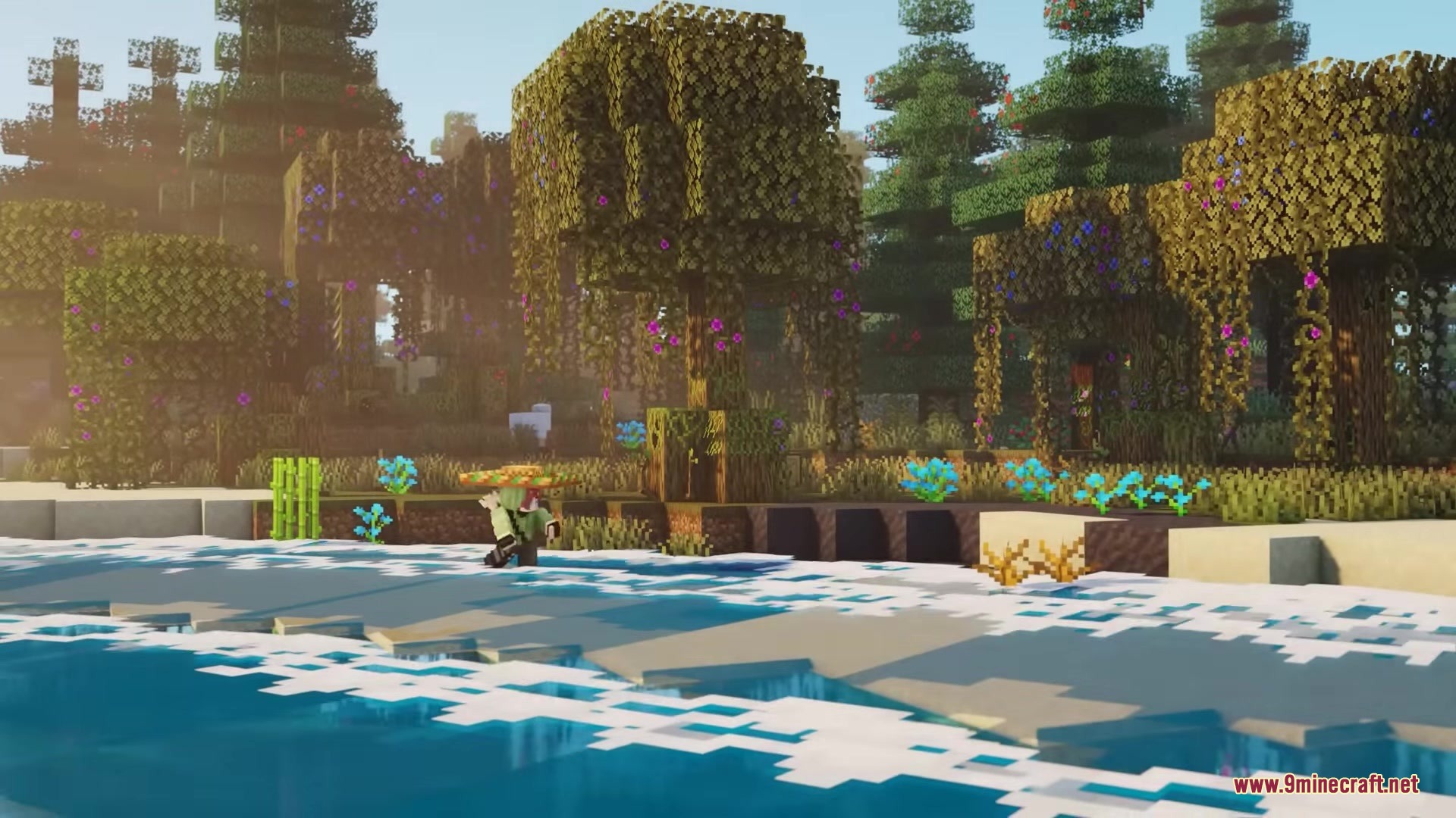Musgo Resource Pack Screenshot 2 Player wearing a straw hat explores a riverbank with unique vegetation