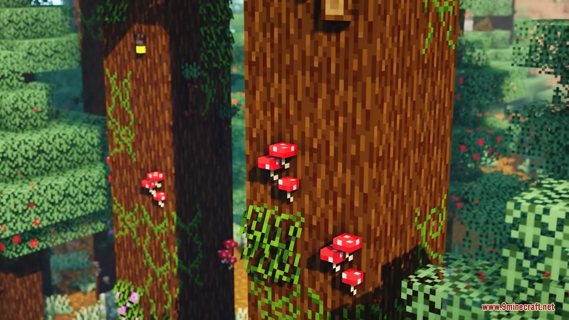 Musgo Resource Pack Screenshot 5 Red mushrooms and green vines growing on detailed tree trunks in a forest