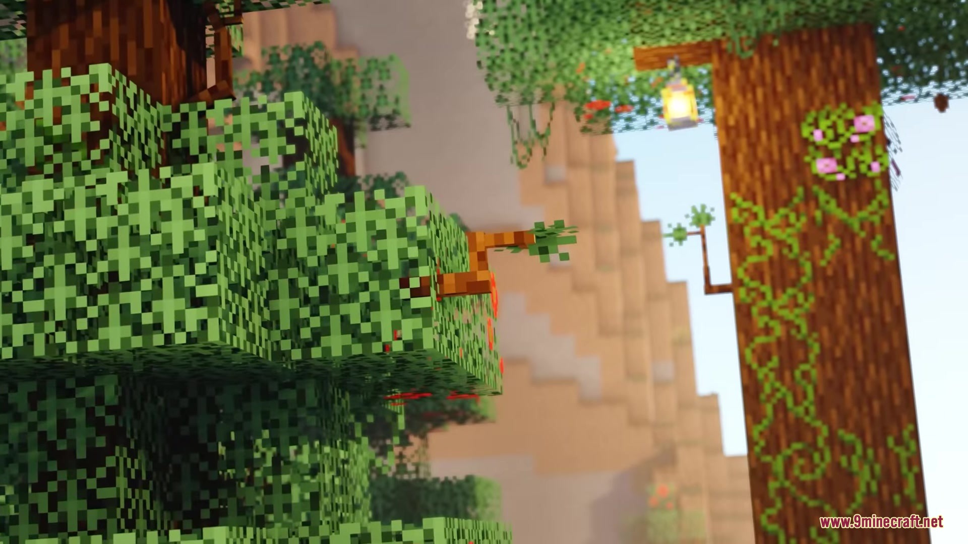 Musgo Resource Pack Screenshot 7 A detailed Minecraft tree with custom leaf shapes and a hanging lantern