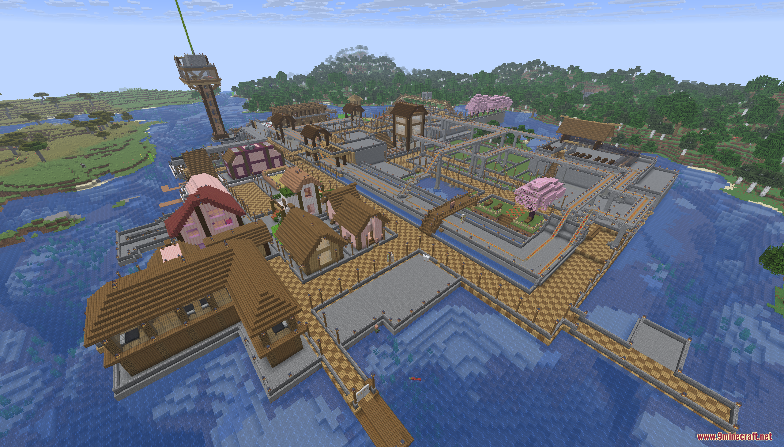 Aerial view of a custom island base with railways and wooden houses