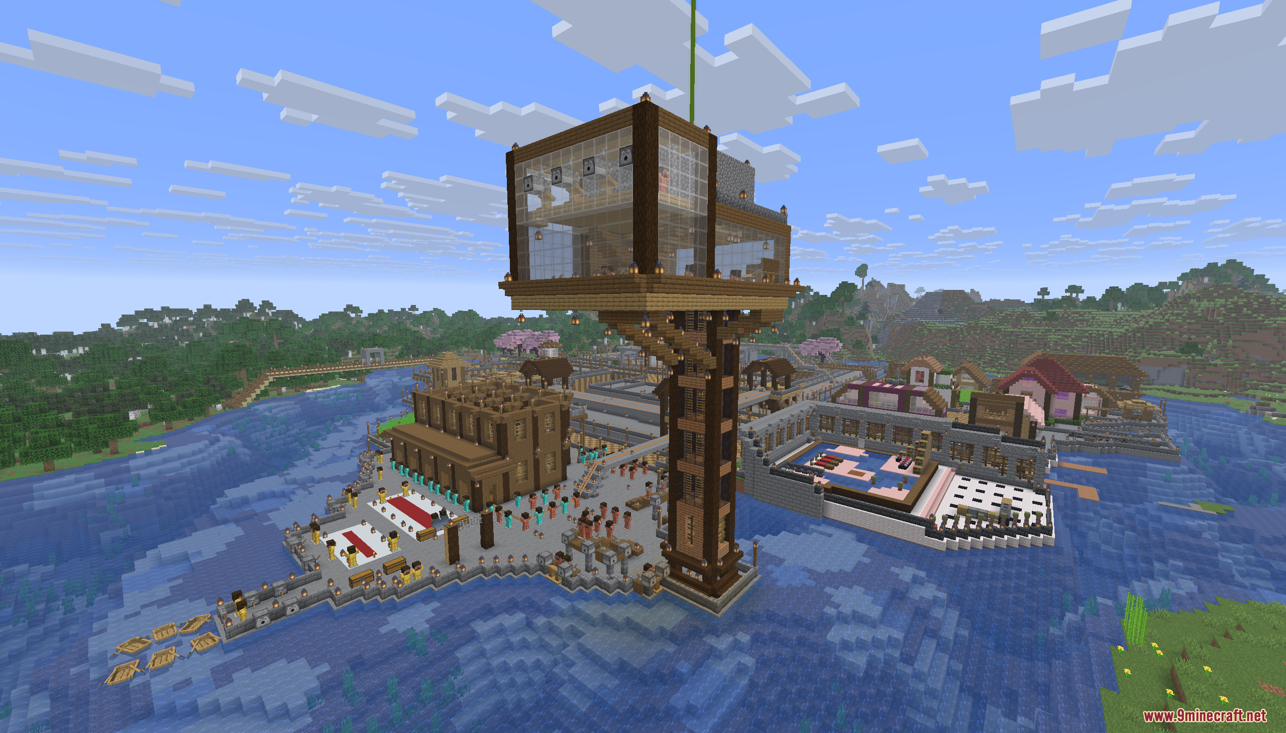 A tall wooden tower overlooks a busy dock filled with many villagers