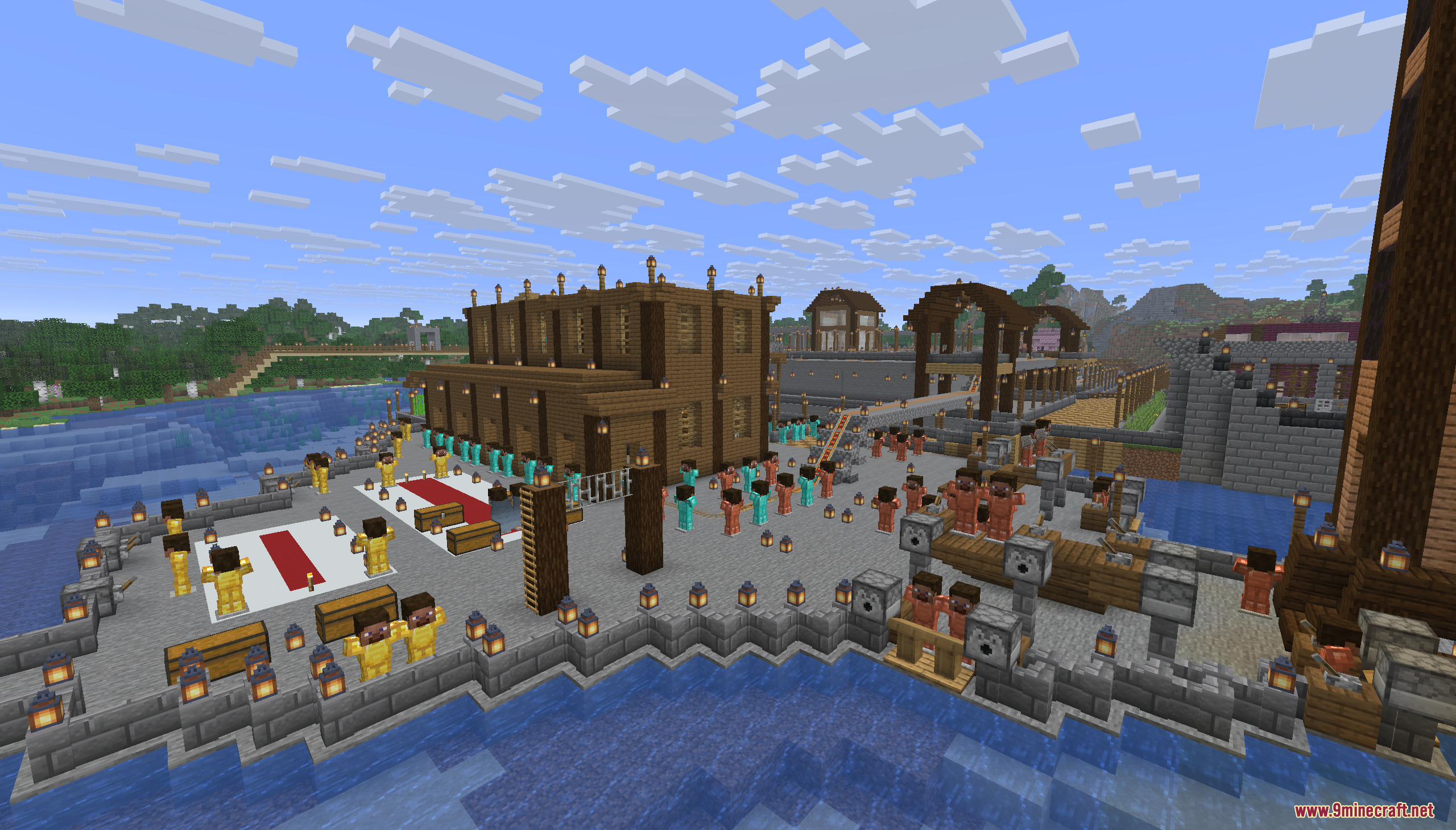 Armor stands in colored suits on a dock at My Warship Island Map