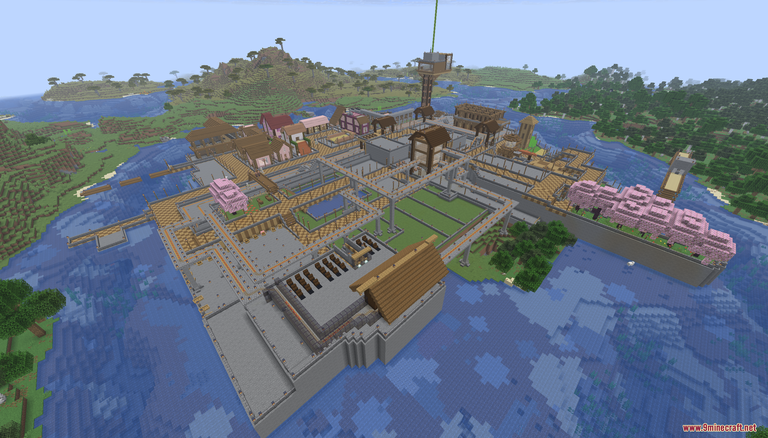 Aerial view of the expansive My Warship Island Map surrounded by the ocean