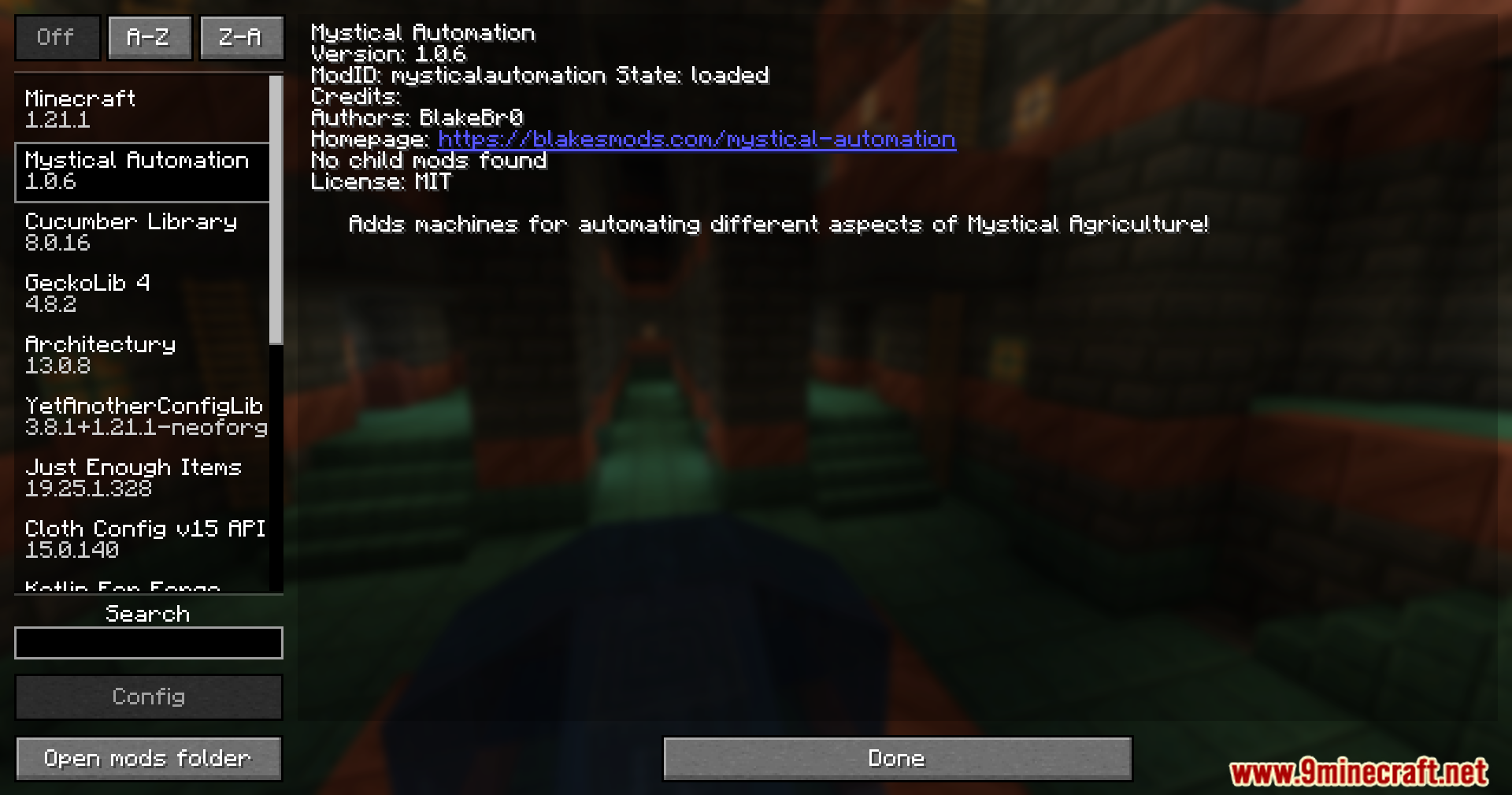 Mystical Automation Mod Screenshot 1 The mod list screen displays information and version details for Mystical Automation
