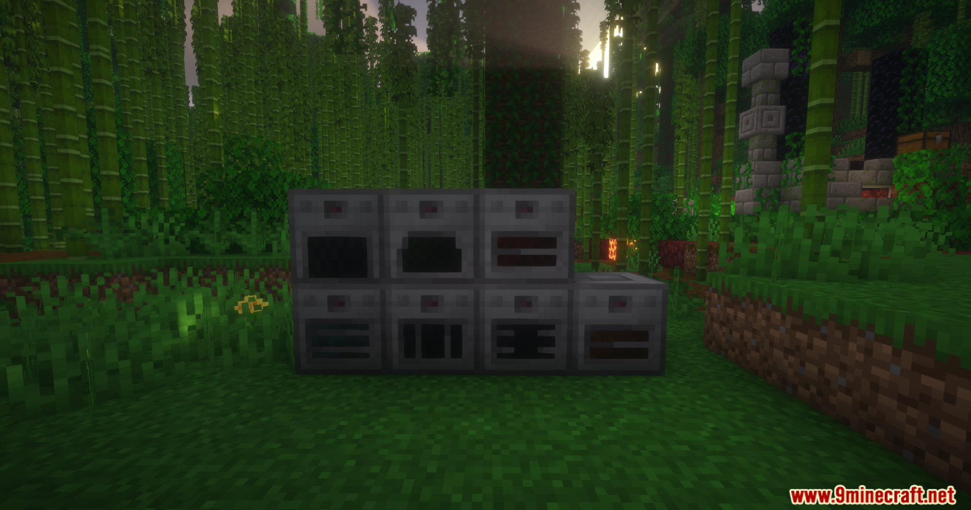 Mystical Automation Mod Screenshot 3 Several gray automation machines from Mystical Automation placed in a bamboo forest