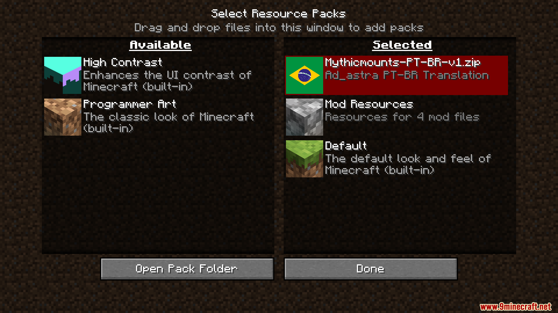 Mythic Mounts PT BR Translation Resource Pack Screenshot 1 Minecraft resource pack menu with a Brazilian Portuguese translation pack selected