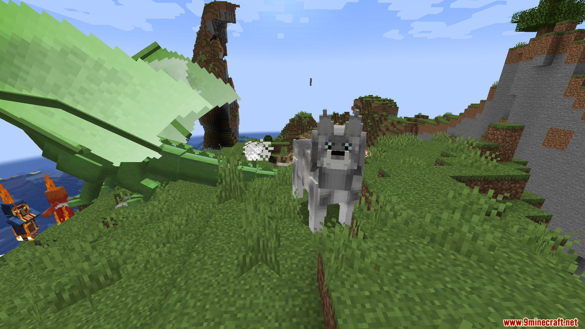 Mythic Mounts PT BR Translation Resource Pack Screenshot 3 A large green dragon and a grey wolf standing on a grassy hill