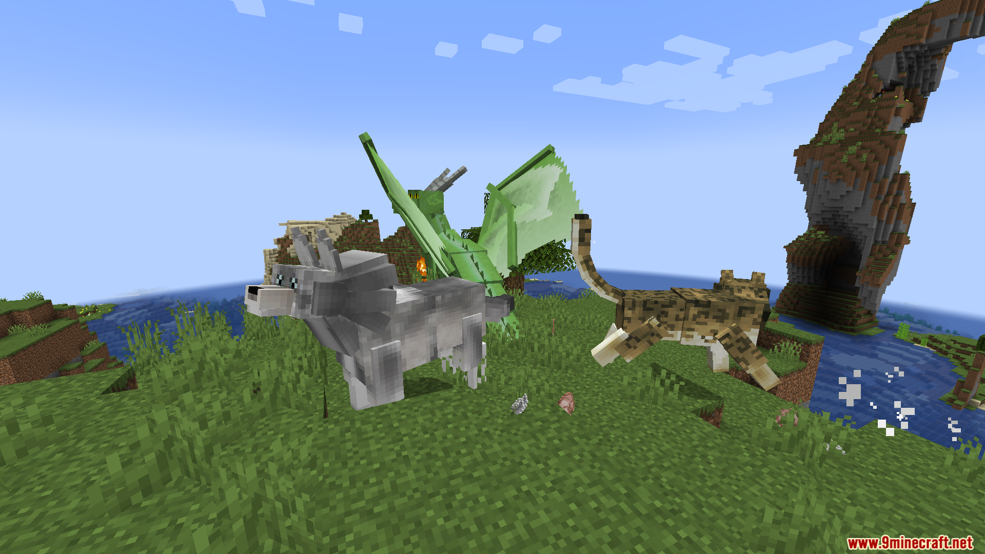 Mythic Mounts PT BR Translation Resource Pack Screenshot 4 A grey wolf and a spotted leopard running across a grassy field