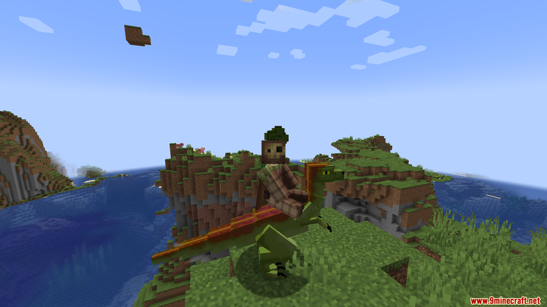 Mythic Mounts PT BR Translation Resource Pack Screenshot 7 A player character riding a green creature on a cliff overlooking the ocean