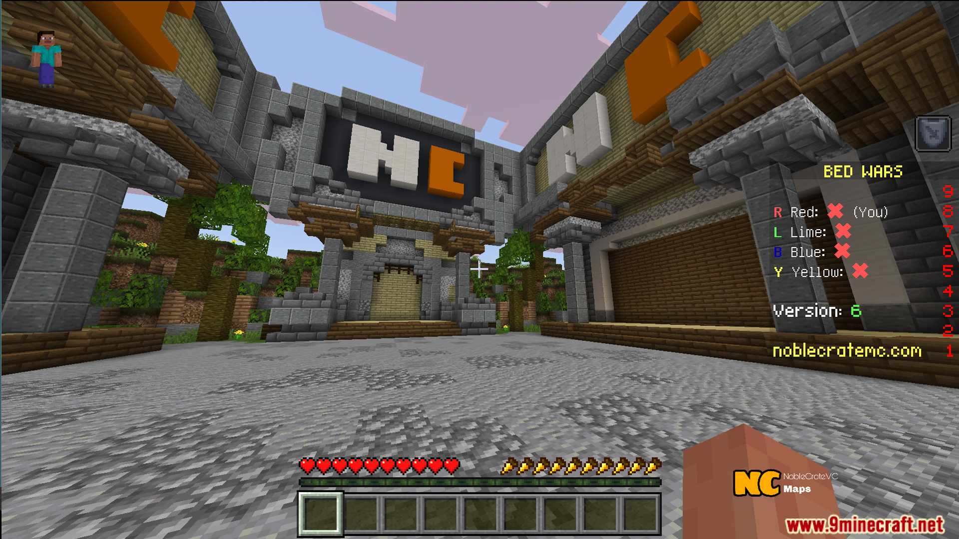 Lobby area of NC Practice Bed Wars Map with a team scoreboard