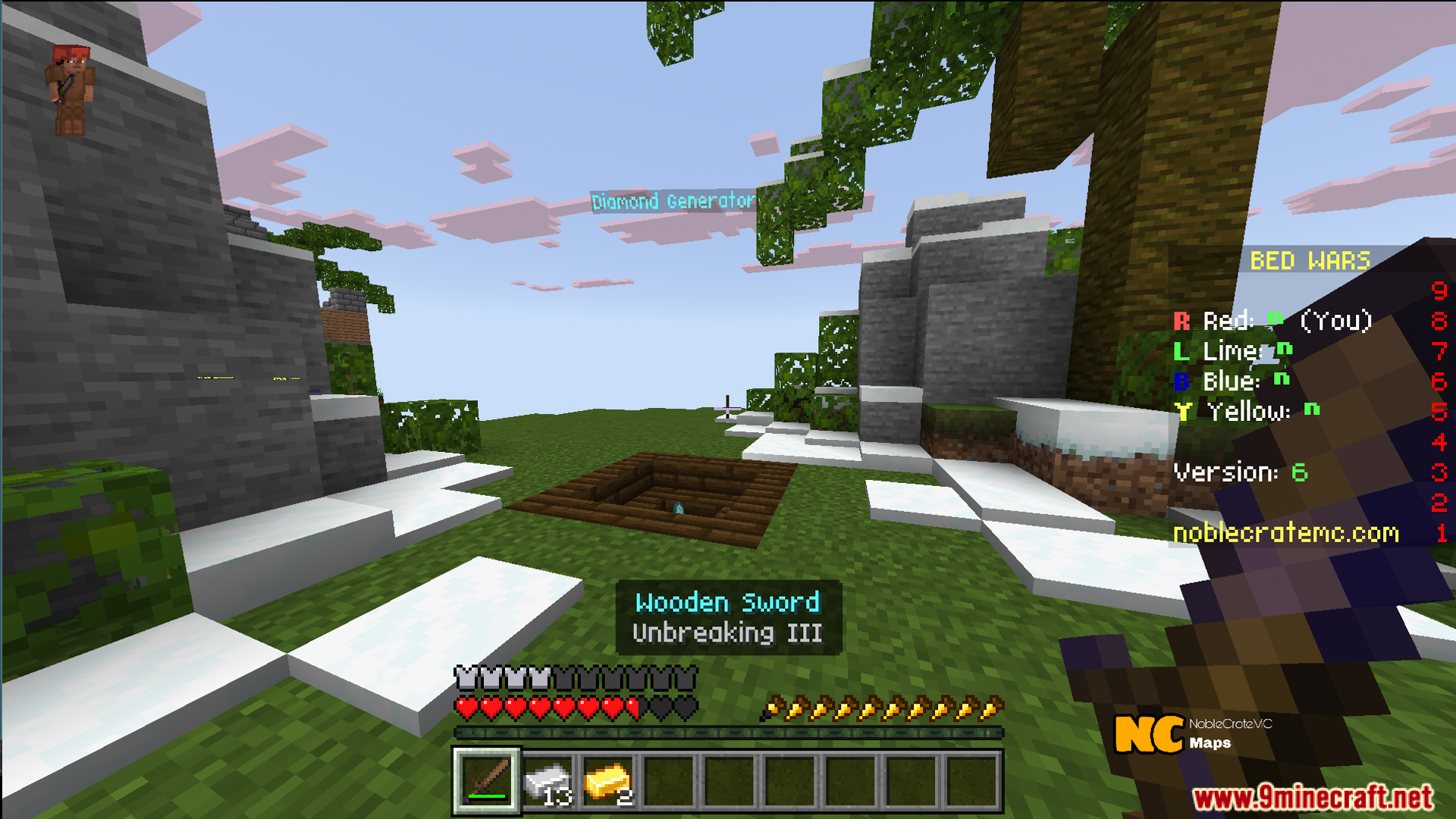 Player standing near a diamond generator on a snowy floating island in Minecraft