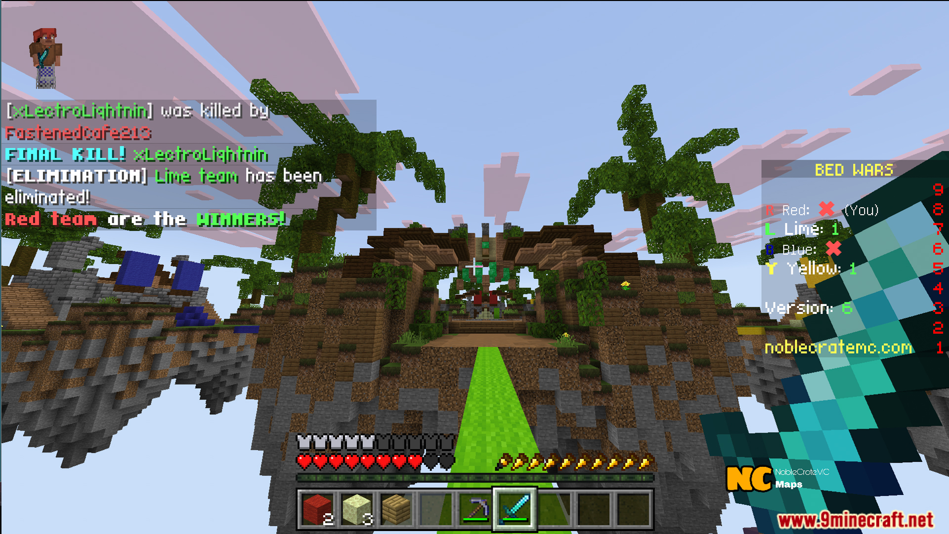 Player wins a match on floating islands in NC Practice Bed Wars Map