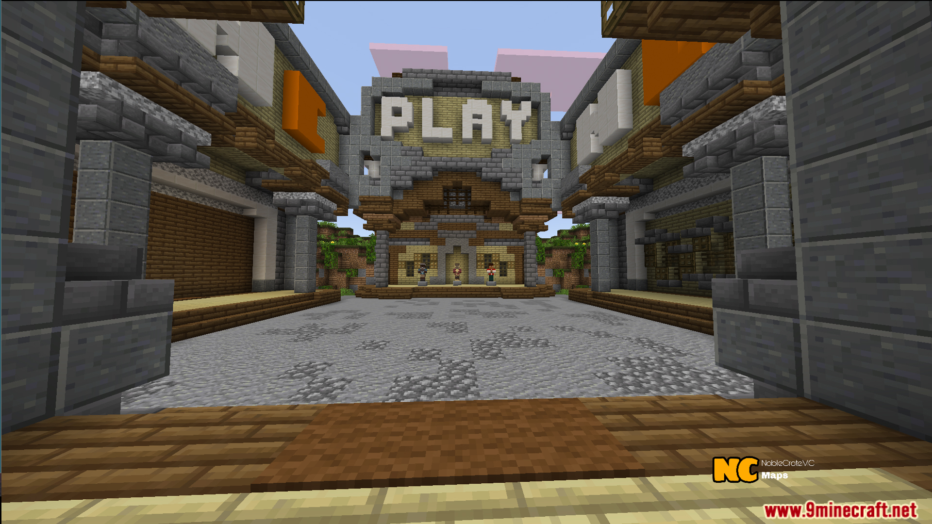 Stone lobby area with a large play sign for starting a new match