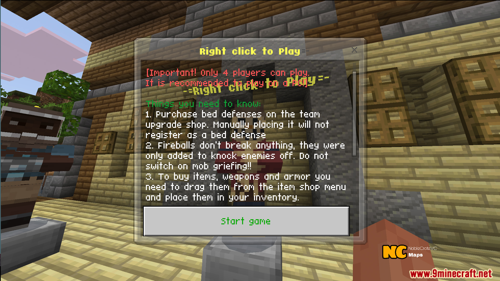 Start game interface showing important rules and instructions for the practice match