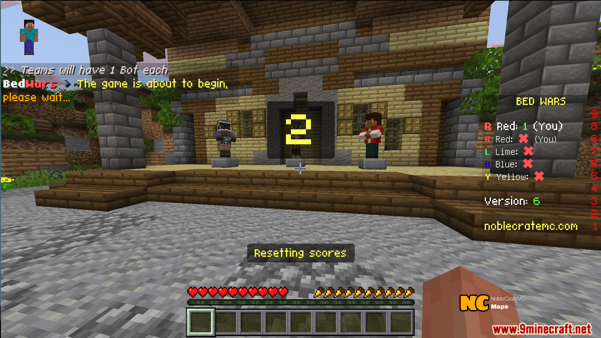 Lobby area for NC Practice Bed Wars Map with countdown and scoreboard