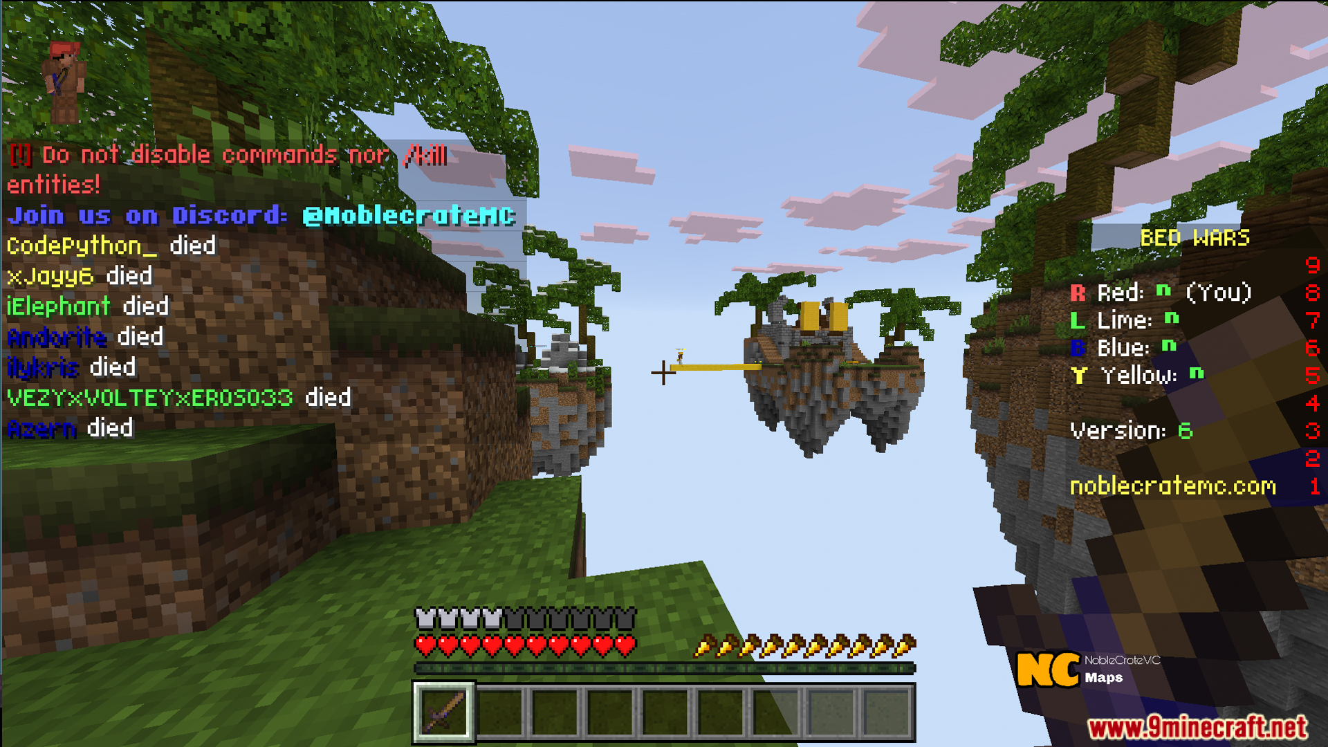Player holding a sword on floating islands during a Bed Wars match
