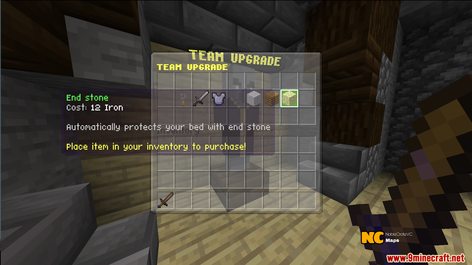 Minecraft player browsing the team upgrade shop for bed defense items