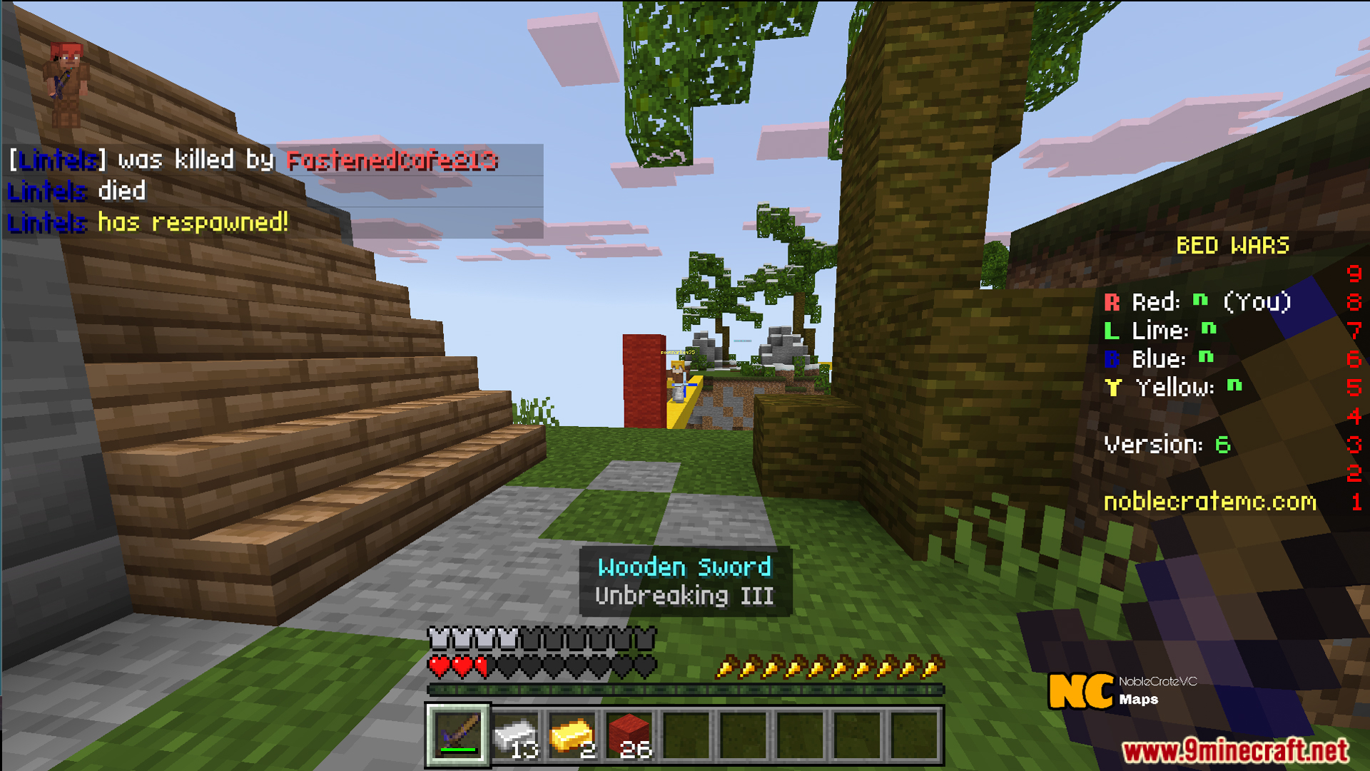Player holding wooden sword on a floating island in NC Practice Bed Wars
