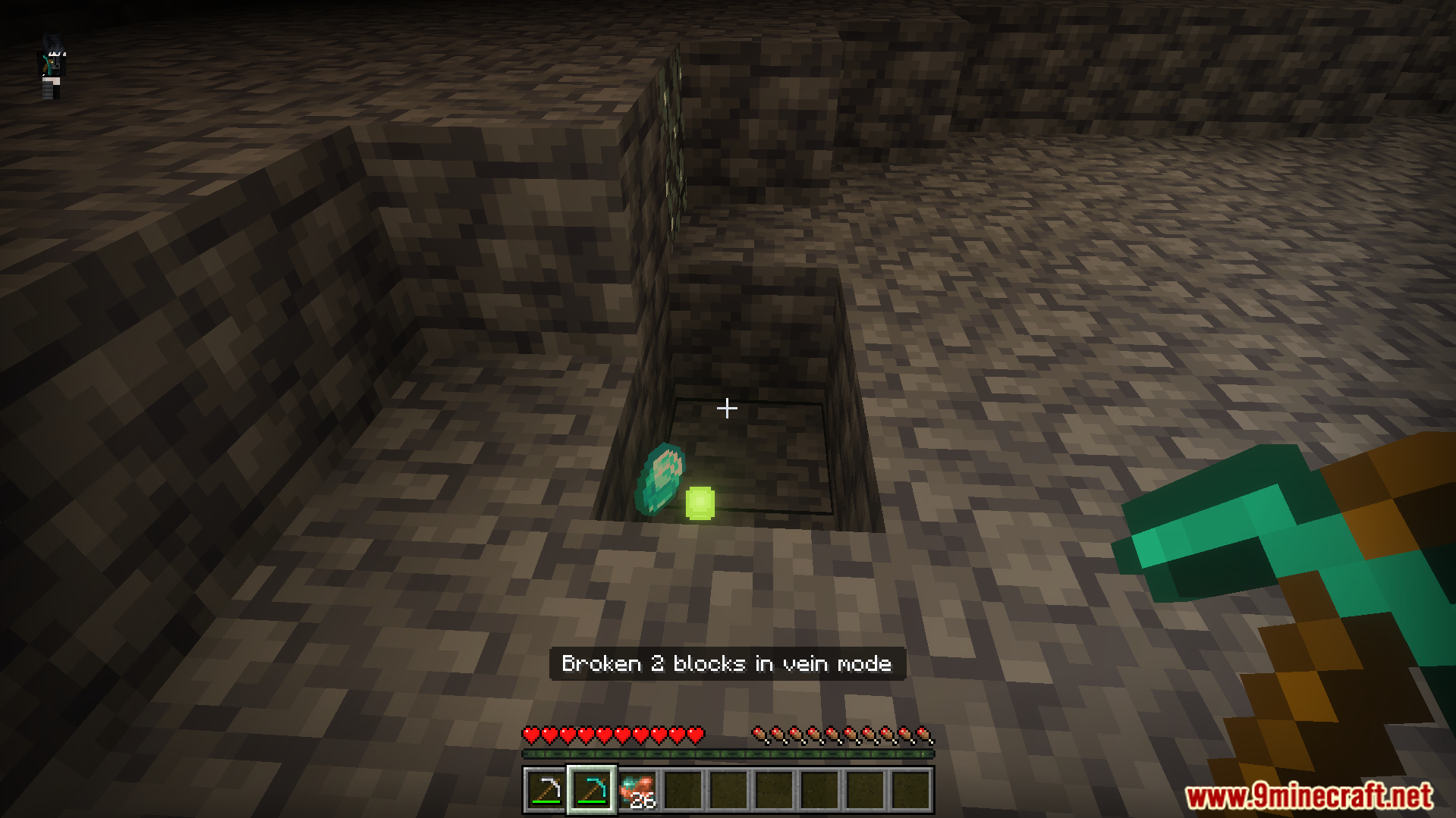 Mining multiple blocks at once and collecting dropped items in a dark cave