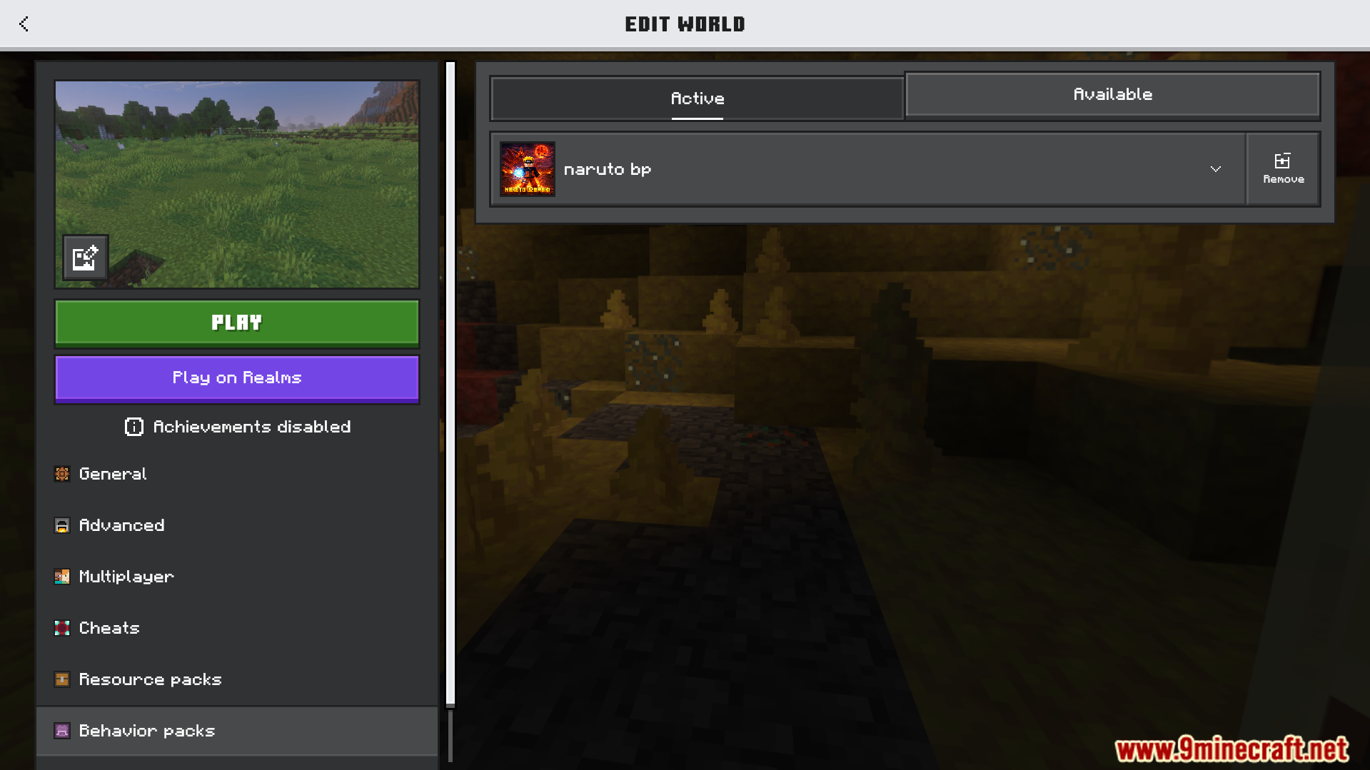 Edit world screen showing the active Naruto behavior pack in the settings menu