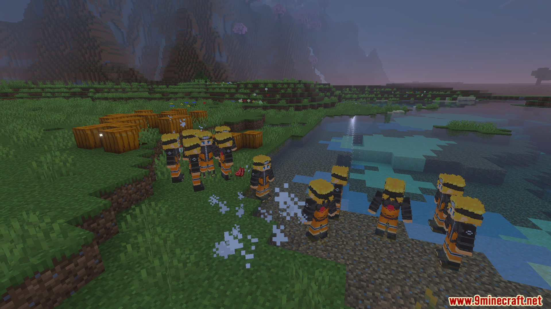 Several ninja characters appearing with white smoke particles from the Shadow Clone Jutsu