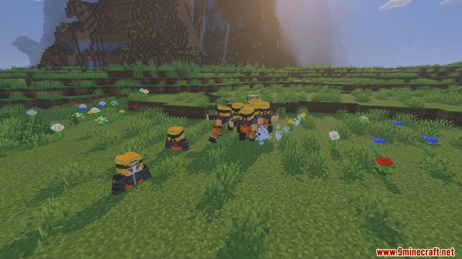 Naruto characters using the Shadow Clone Jutsu in a grassy Minecraft biome
